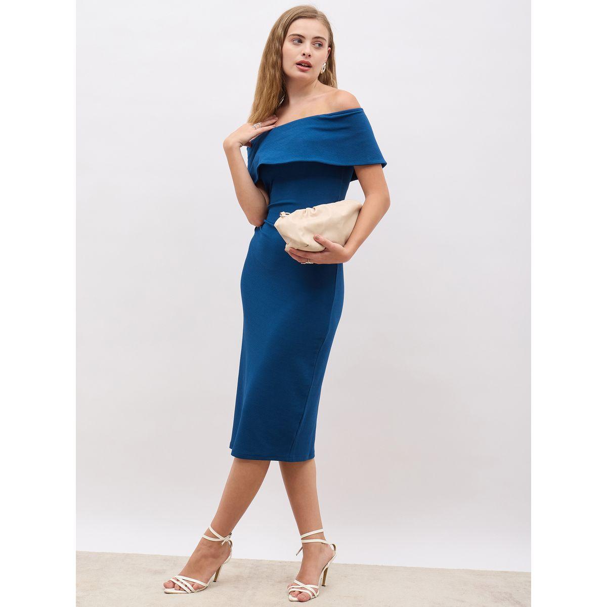 Styli  Plain Off Shoulder Neck Bodycon Midi Dress-women-clothing-dresses-image-1