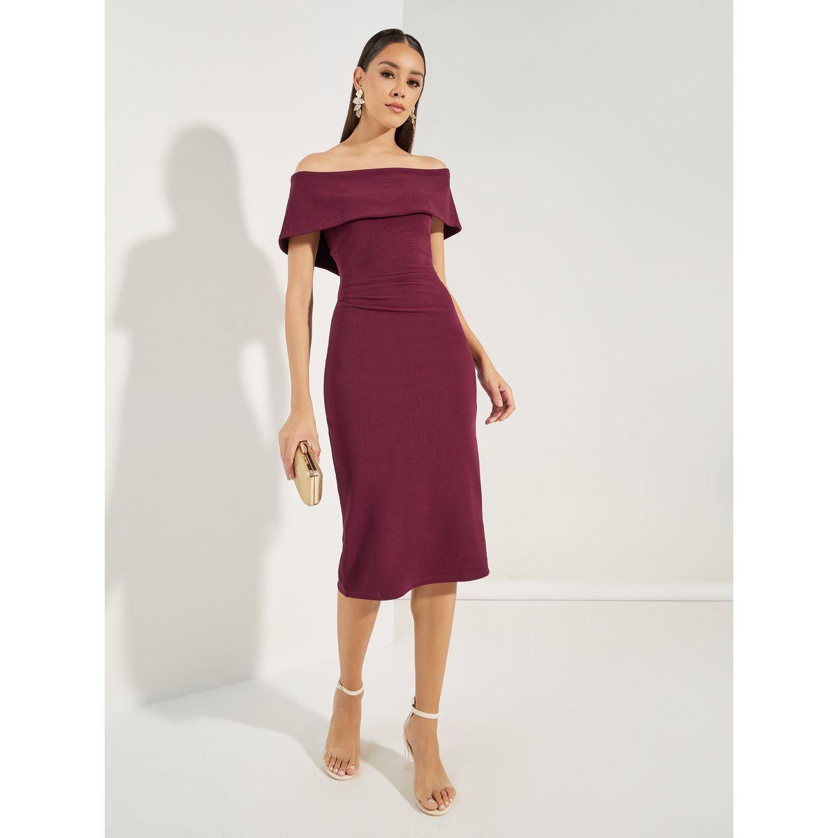 Styli  Plain Off Shoulder Neck Bodycon Midi Dress-women-clothing-dresses-image-1