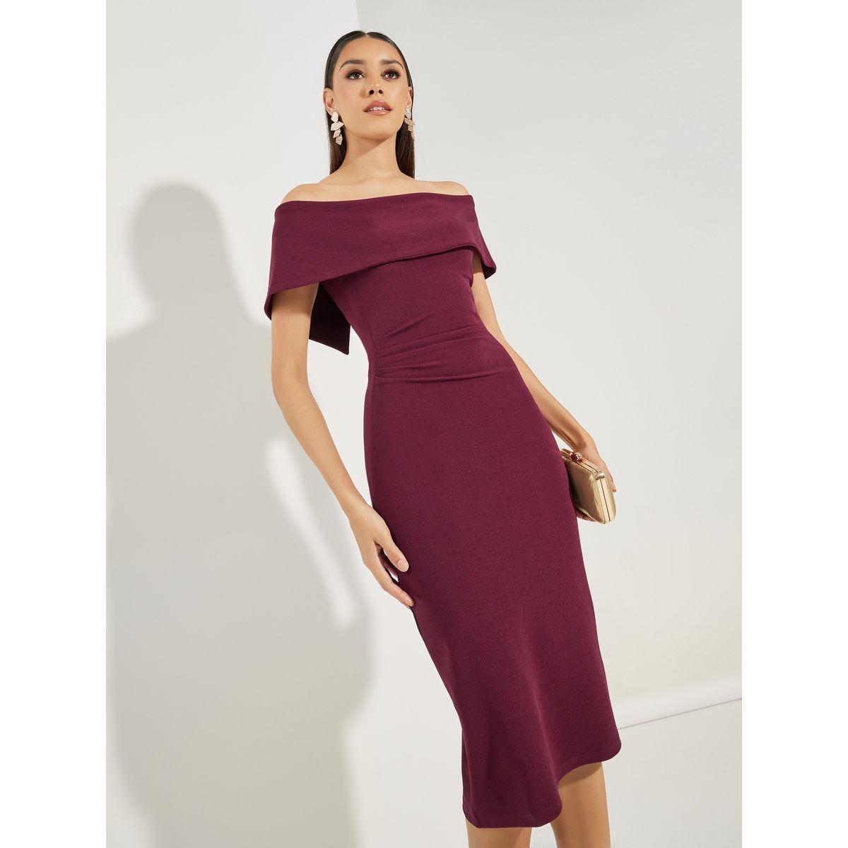 فستان بديكون ميدي سادة باكتاف مكشوفة-women-clothing-dresses-image-2