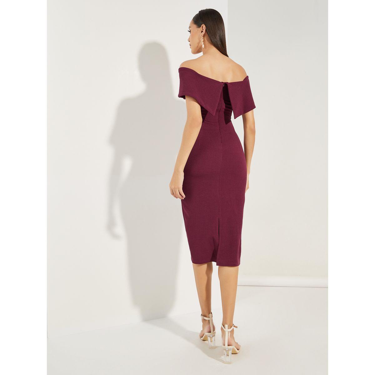 Styli  Plain Off Shoulder Neck Bodycon Midi Dress-women-clothing-dresses-image-4