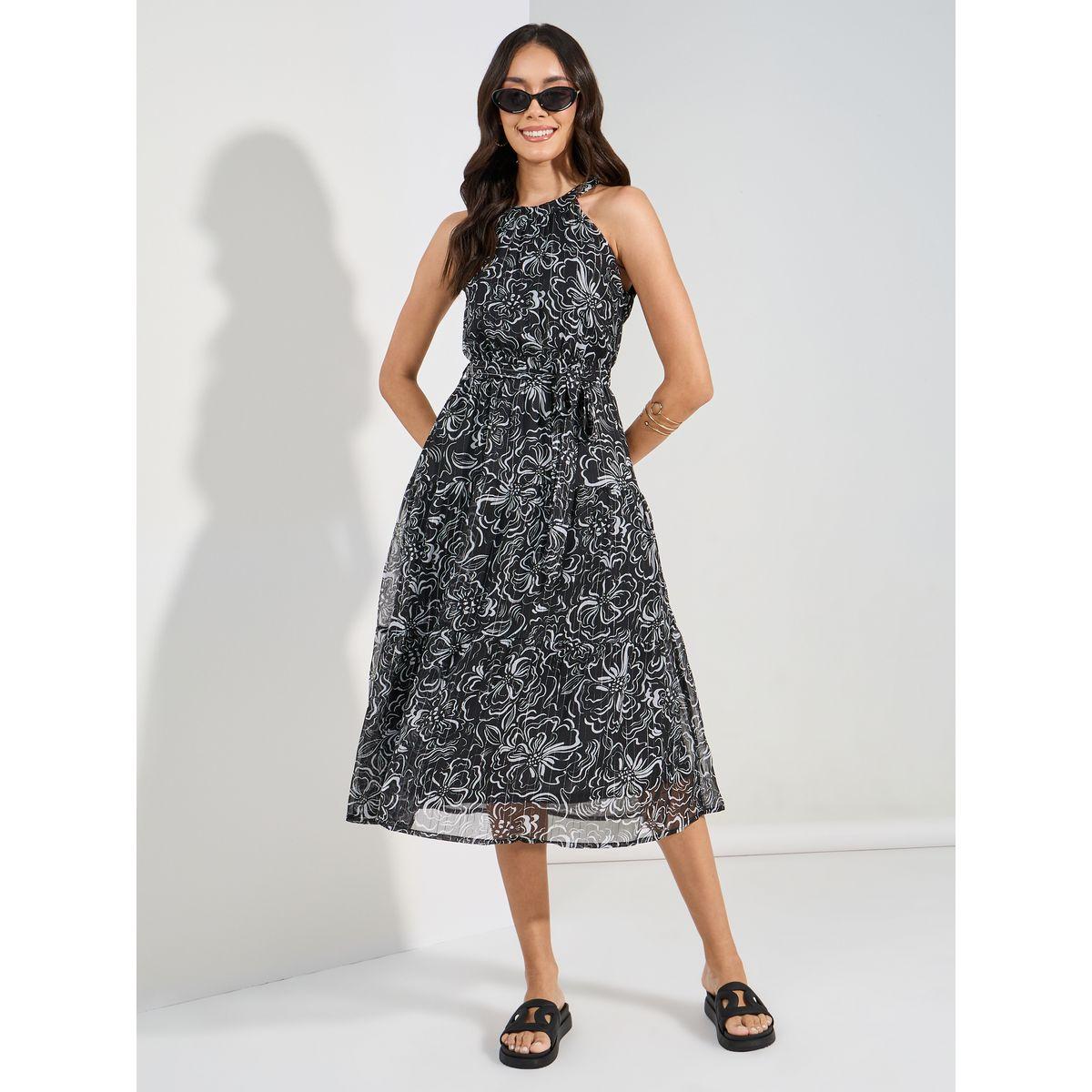Styli Halter Neck Tiered Midi Dress with Tie Belt-women-clothing-dresses-image-1