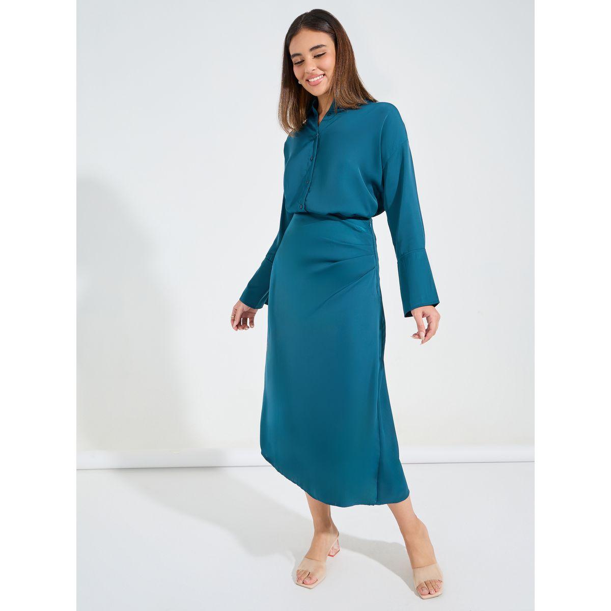 طقم منسق من تنورة ميدي مع بلوزة سادة بازرار-women-clothing-coordsets-image-1