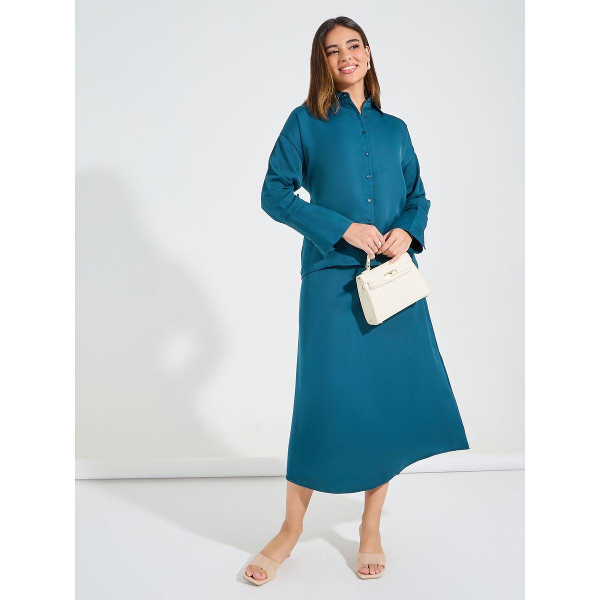 طقم منسق من تنورة ميدي مع بلوزة سادة بازرار-women-clothing-coordsets-image-2