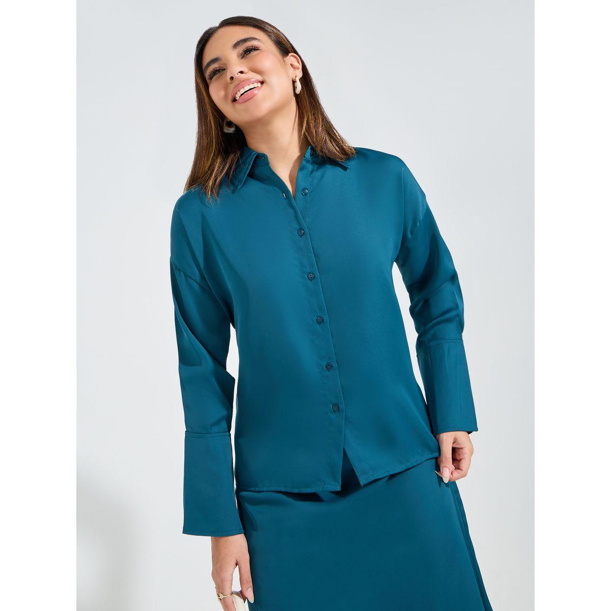 طقم منسق من تنورة ميدي مع بلوزة سادة بازرار-women-clothing-coordsets-image-3