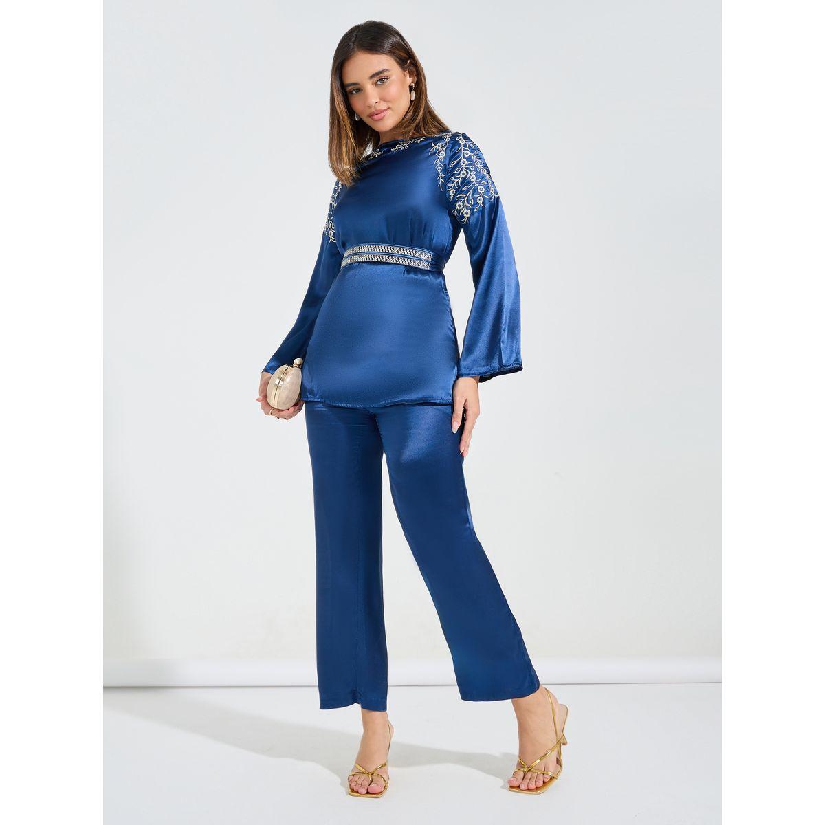 Styli Limited Embroidered Panel Belted Top & Pants Co-Ords-women-clothing-coordsets-image-1
