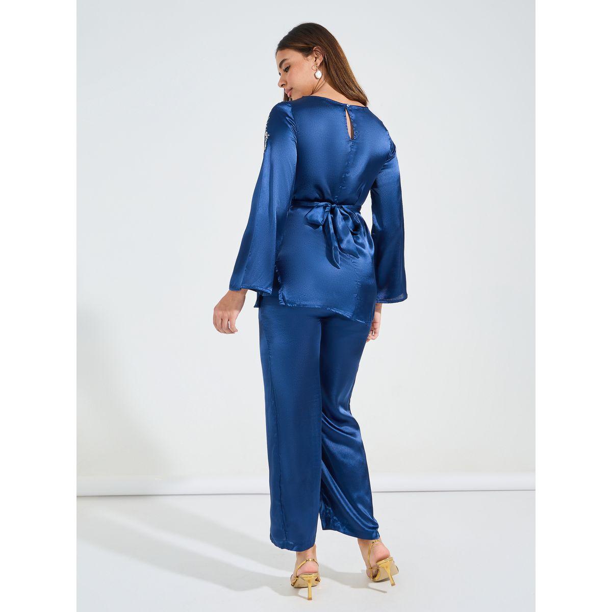 طقم منسق من بنطال مع بلوزة مٌطرّزة مع حزام خصر-women-clothing-coordsets-image-4