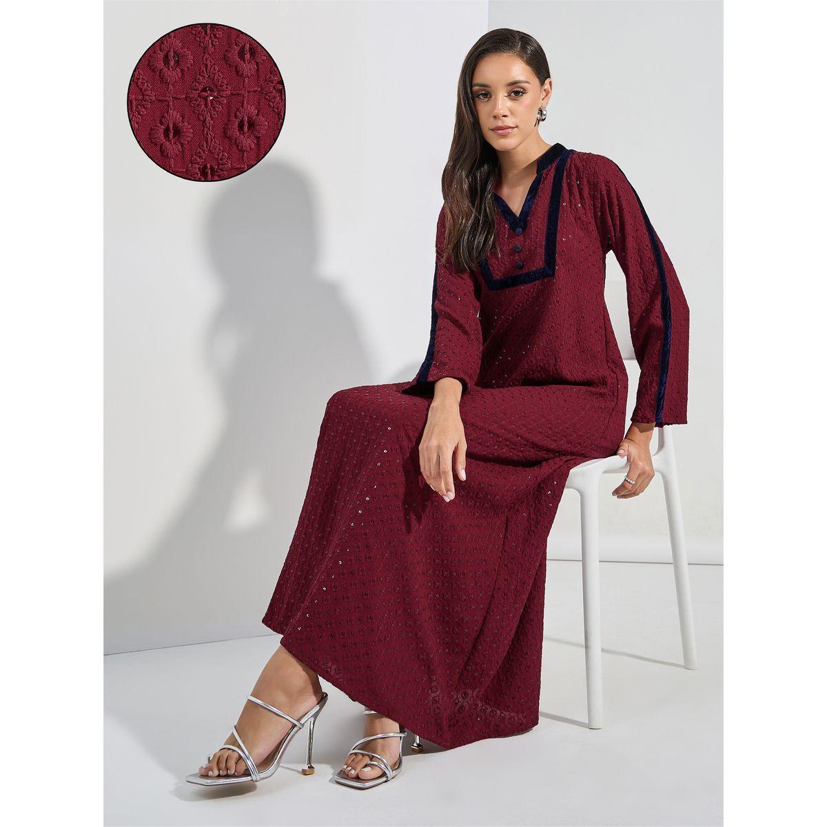 Maxim Creation X Styli  Sequined Embroidery Kaftan with Velvet Patchwork-women-arabicclothing-kaftan-image-1
