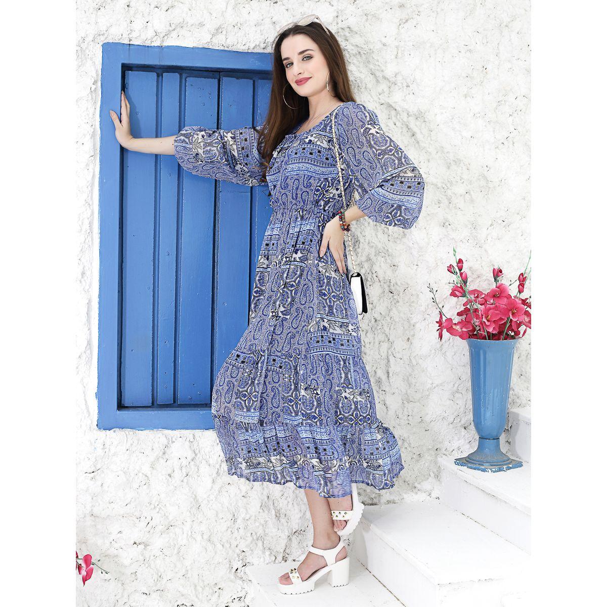 Sera X Styli  Paisley Print Gathered Fit & Flare Midi Dress-women-clothing-dresses-image-1