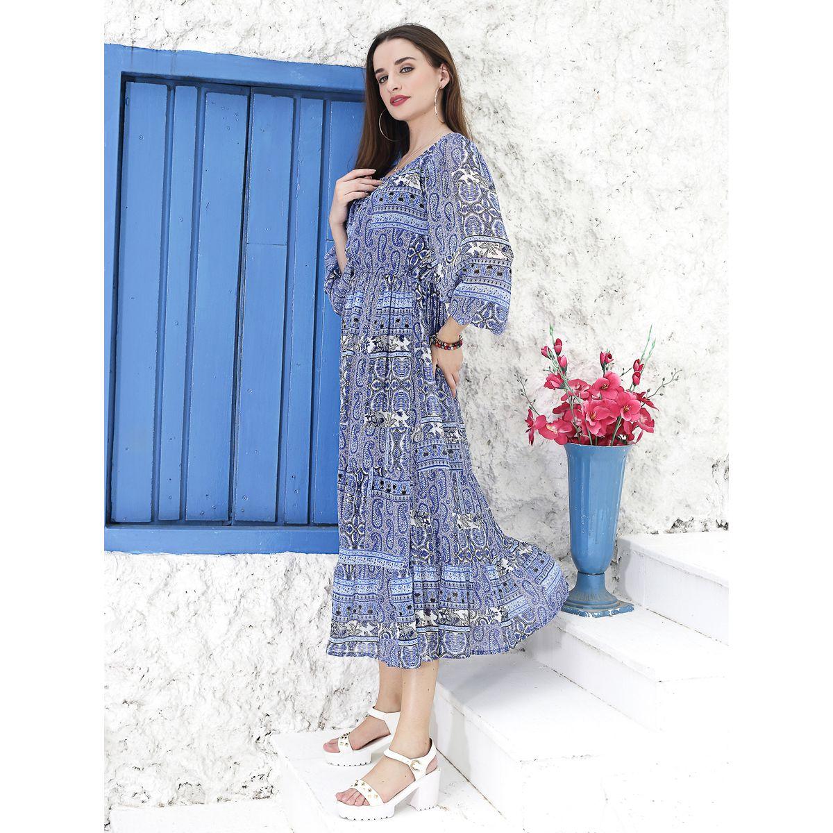 فستان ميدي بطبعة بيزلي مع كسرات سيرا × ستايلي-women-clothing-dresses-image-2