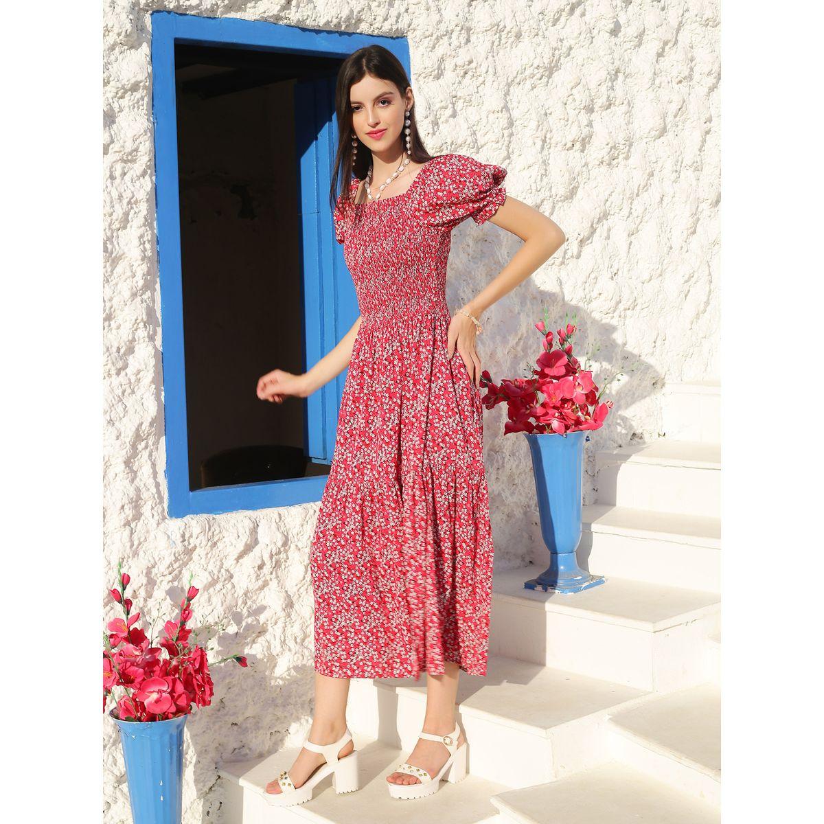فستان ميدي مطبع بزهور مع تفاصيل مزمومة سيرا × ستايلي-women-clothing-dresses-image-2