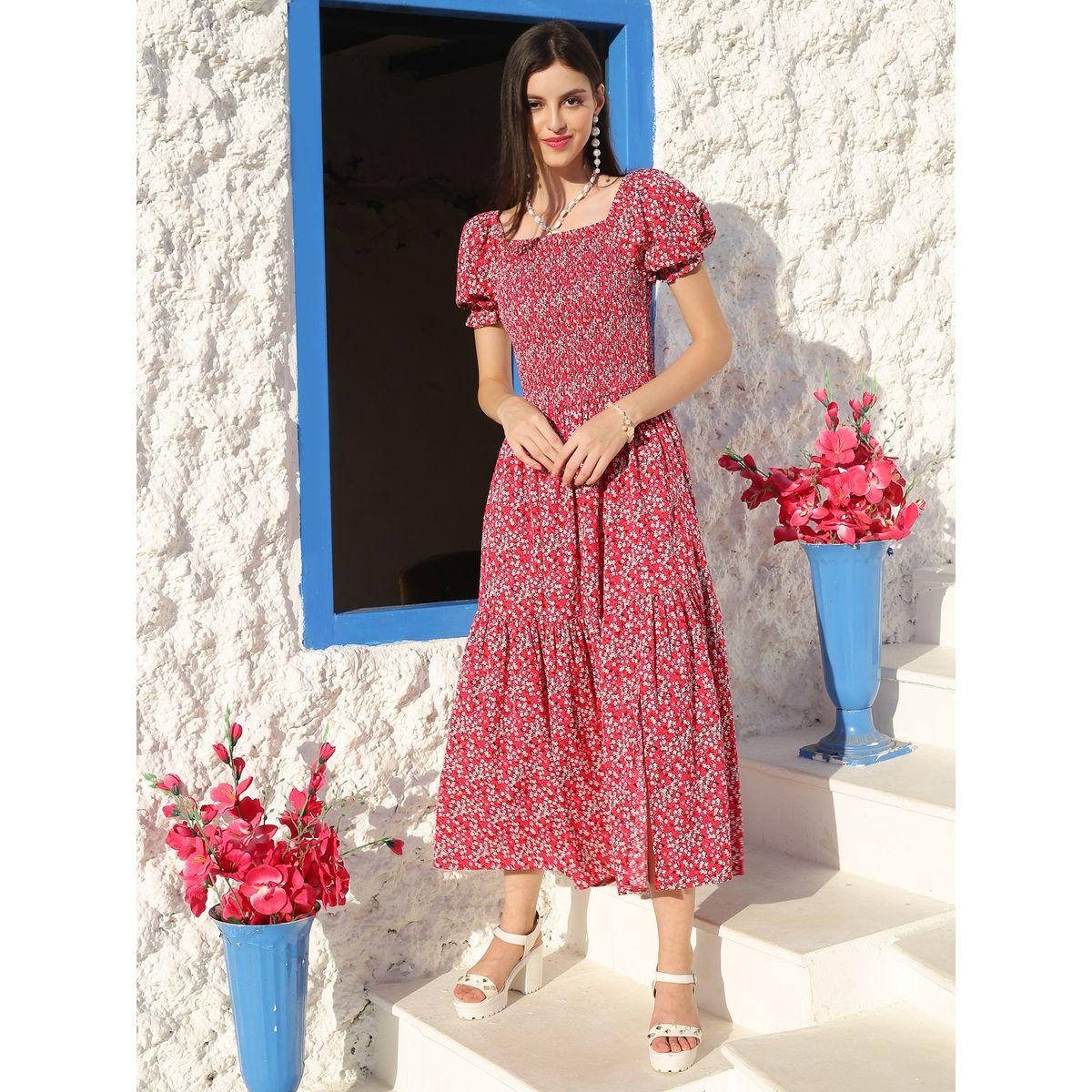 فستان ميدي مطبع بزهور مع تفاصيل مزمومة سيرا × ستايلي-women-clothing-dresses-image-5