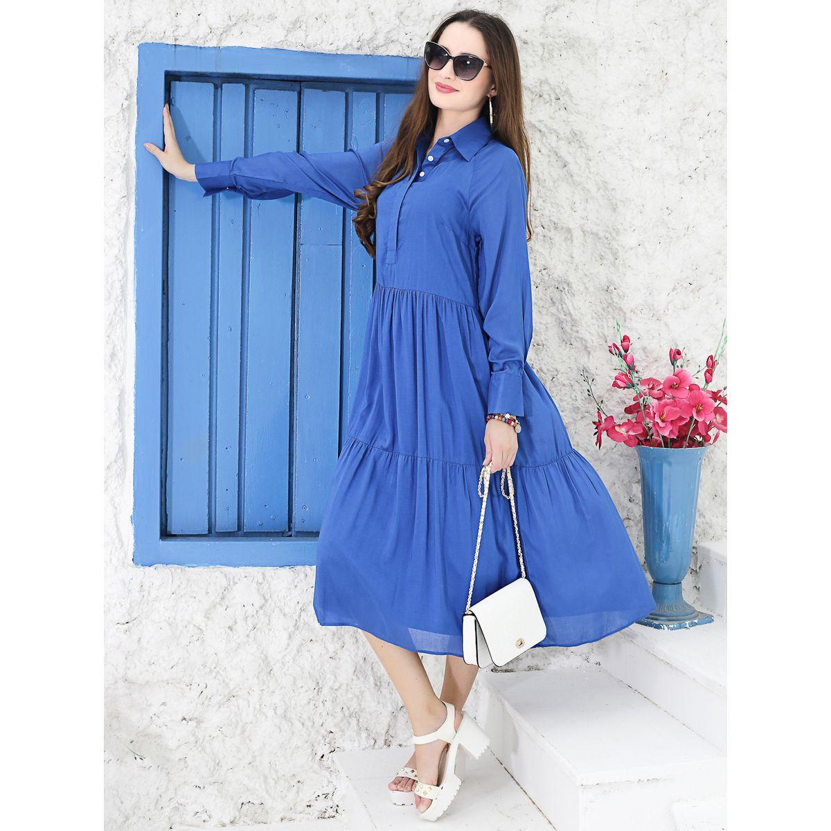 Sera X Styli  Solid Tiered Cuffed Sleeve Shirt Midi Dress-women-clothing-dresses-image-1