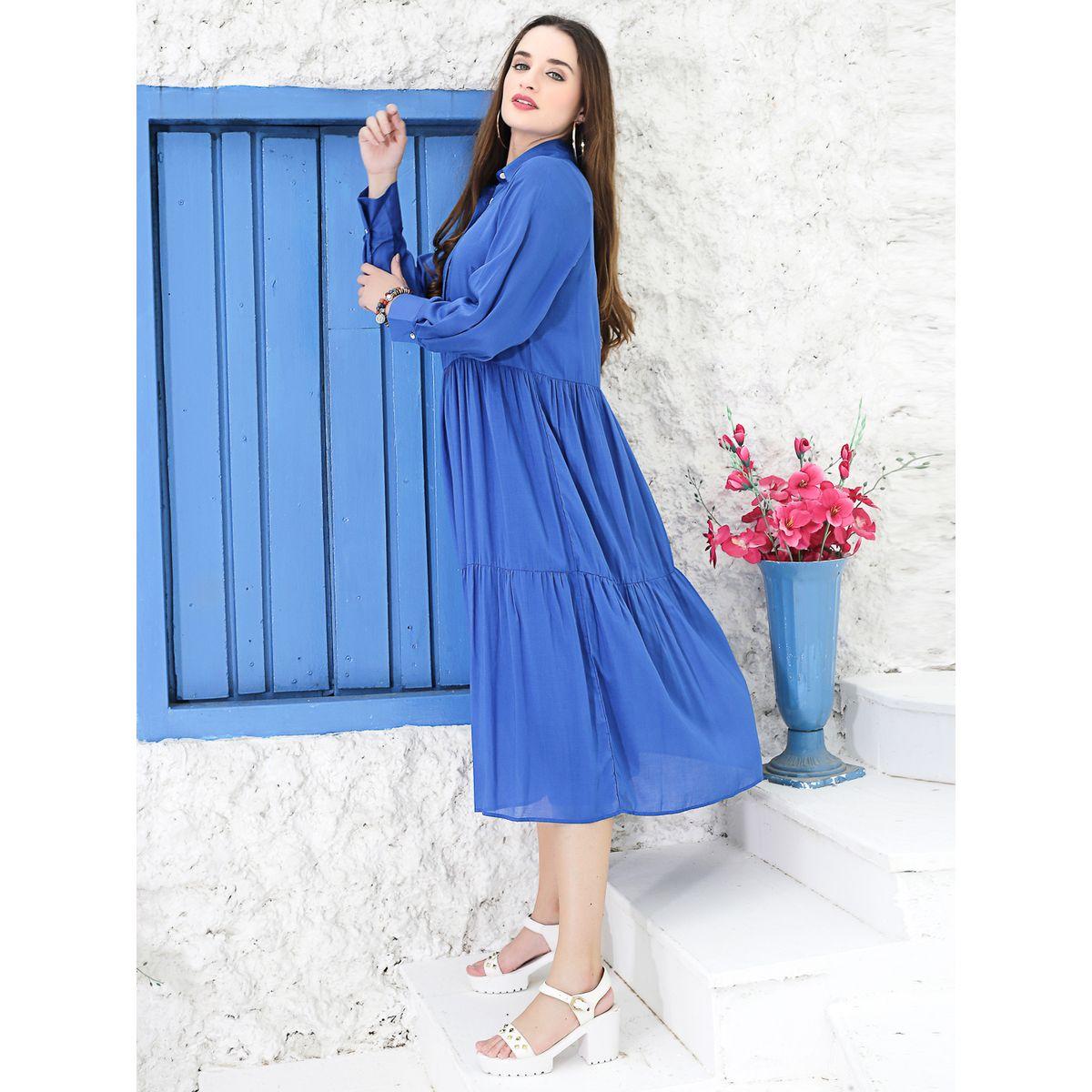 Sera X Styli  Solid Tiered Cuffed Sleeve Shirt Midi Dress-women-clothing-dresses-image-2