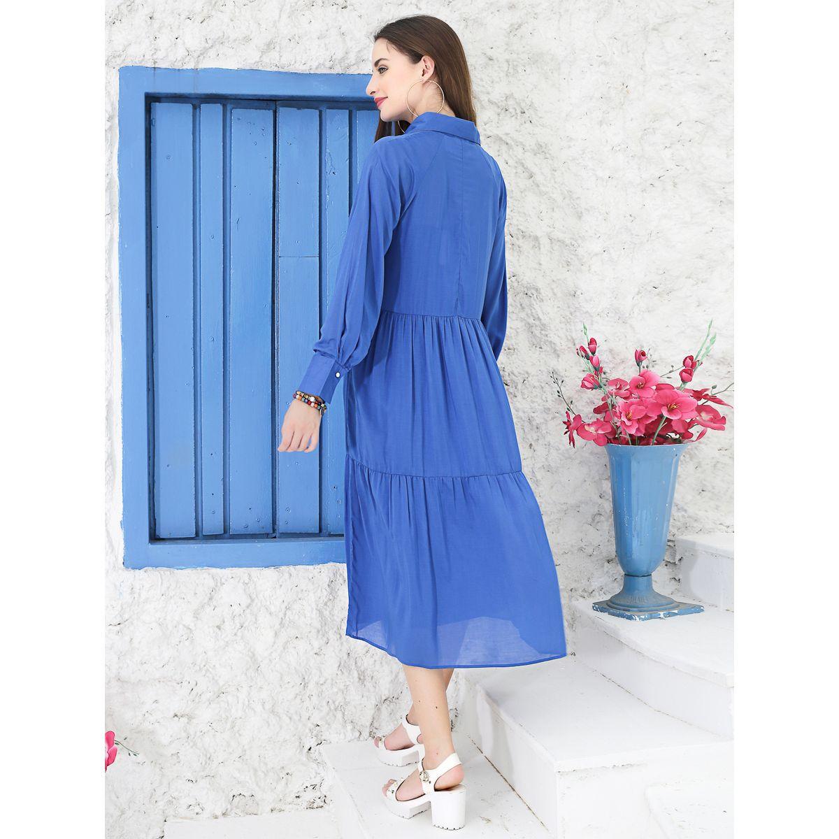 فستان ميدي سادة بكسرات مع اكمام باساور سيرا × ستايلي-women-clothing-dresses-image-3