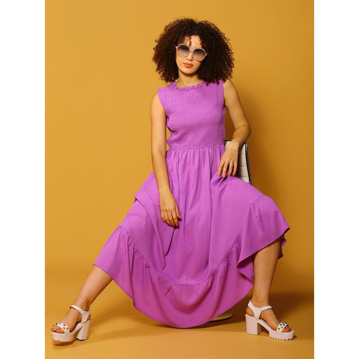 فستان طويل سادة بتفاصيل مزمومة سيرا × ستايلي-women-clothing-dresses-image-1