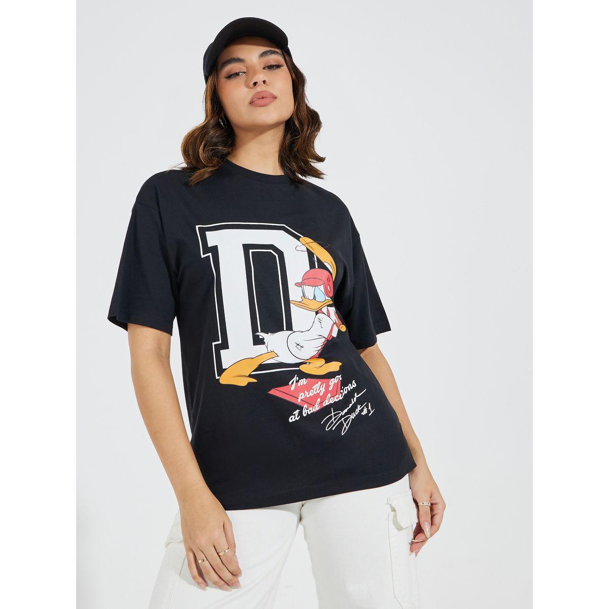 Styli Donald Duck Graphic Oversized T-Shirt with Dropped Shoulder-women-clothing-tshirts-image-1