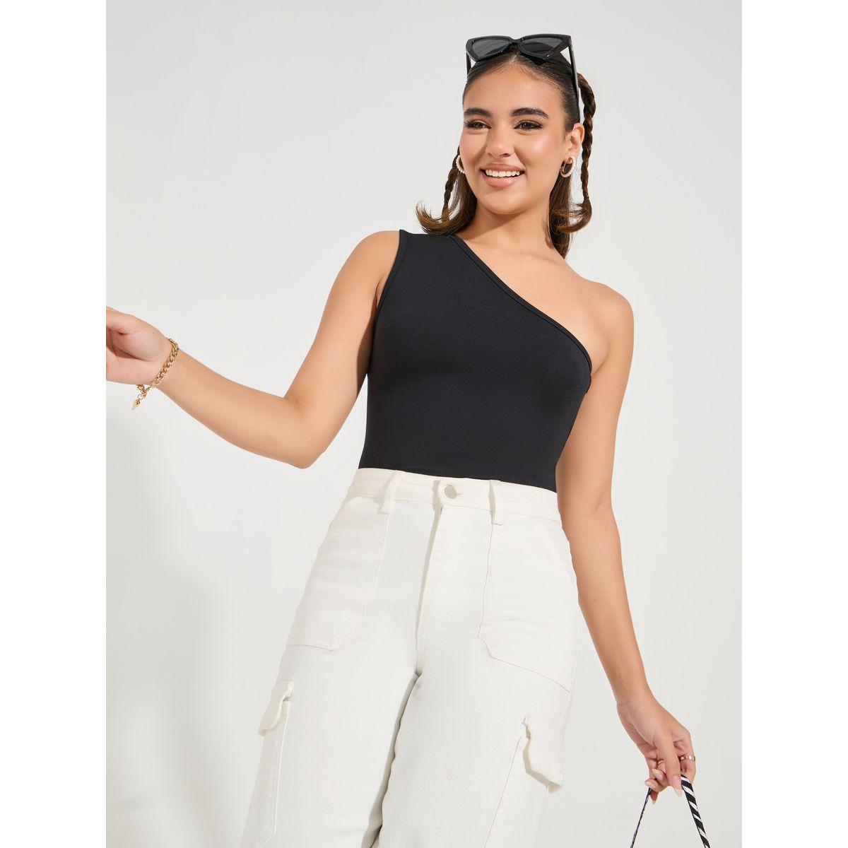 Styli Cotton Lycra One Shoulder Neck Fitted Tank-women-clothing-tshirts-image-3