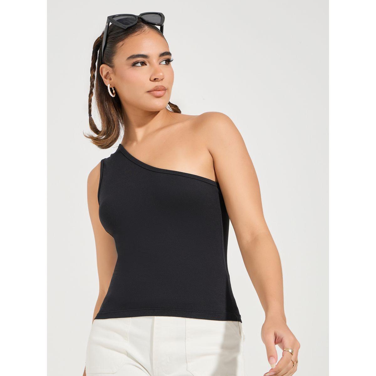 Styli Cotton Lycra One Shoulder Neck Fitted Tank-women-clothing-tshirts-image-4