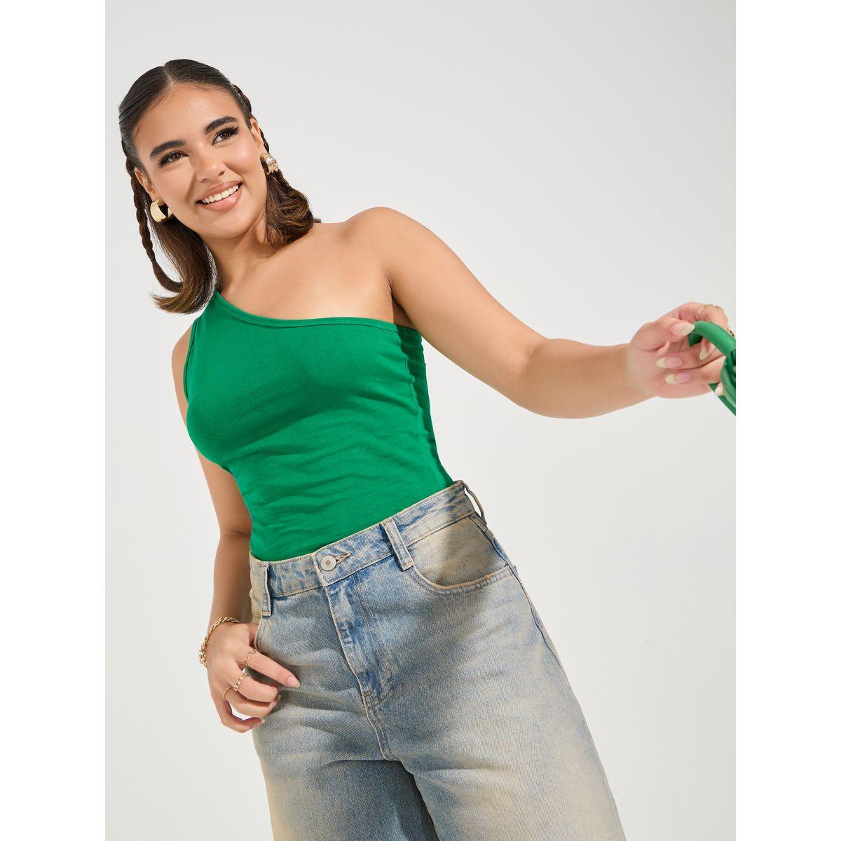 Styli Cotton Lycra One Shoulder Neck Fitted Tank-women-clothing-tshirts-image-1