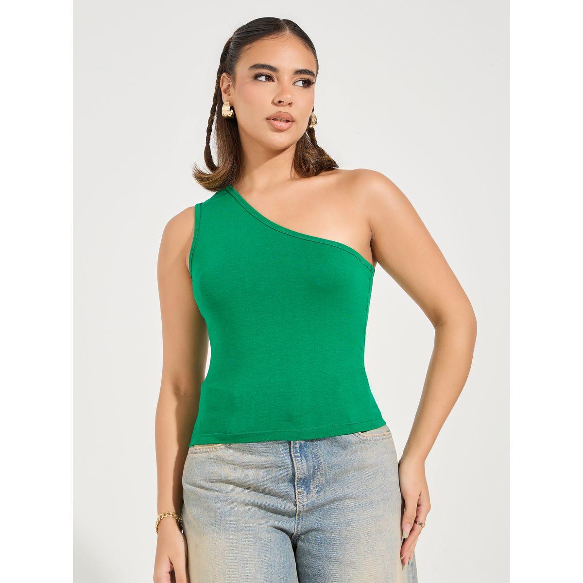 Styli Cotton Lycra One Shoulder Neck Fitted Tank-women-clothing-tshirts-image-3