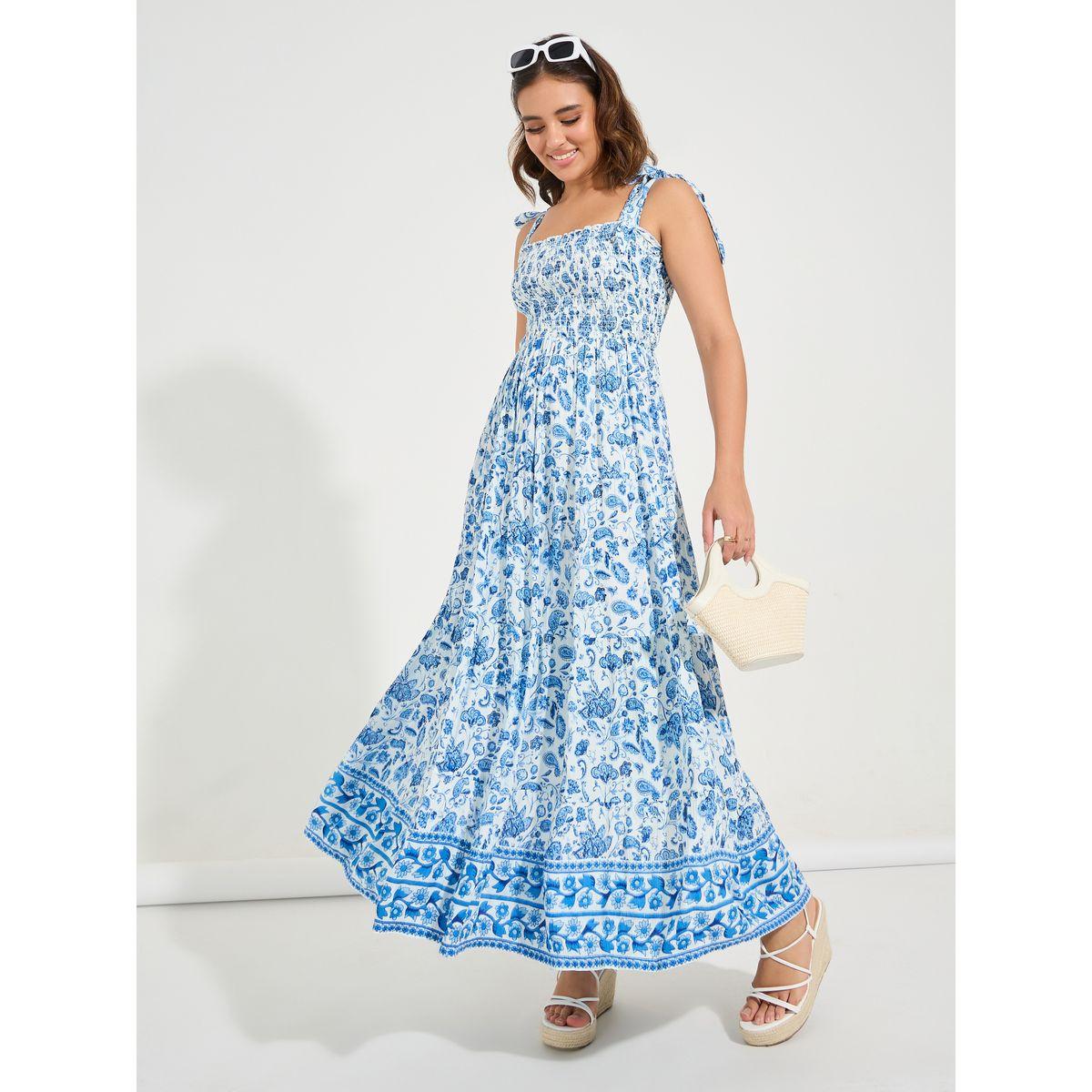 Styli Limited Sleeveless Smocked Floral Print Tiered Maxi Dress with Tie-Up Detail-women-clothing-dresses-image-1