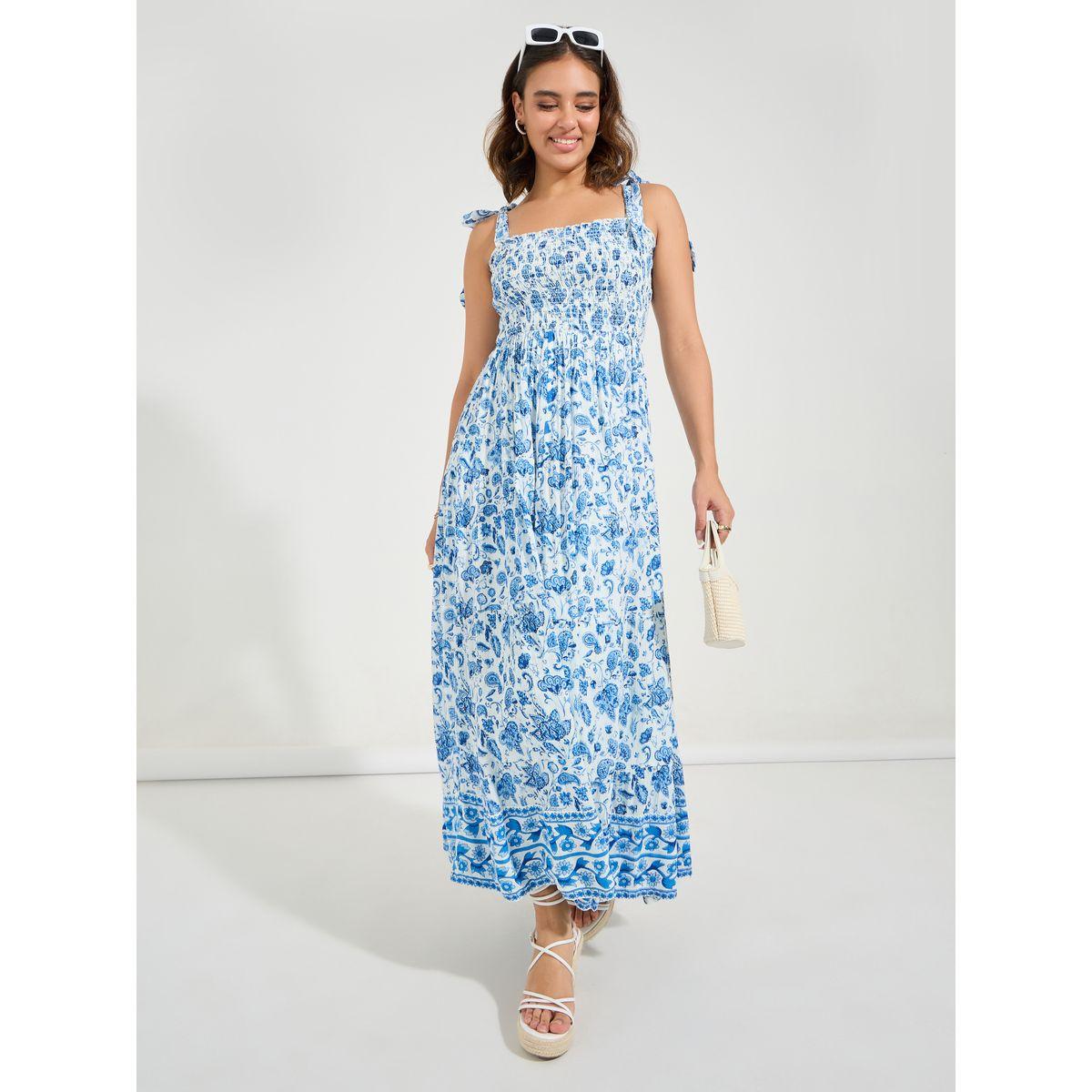 Styli Limited Sleeveless Smocked Floral Print Tiered Maxi Dress with Tie-Up Detail-women-clothing-dresses-image-4