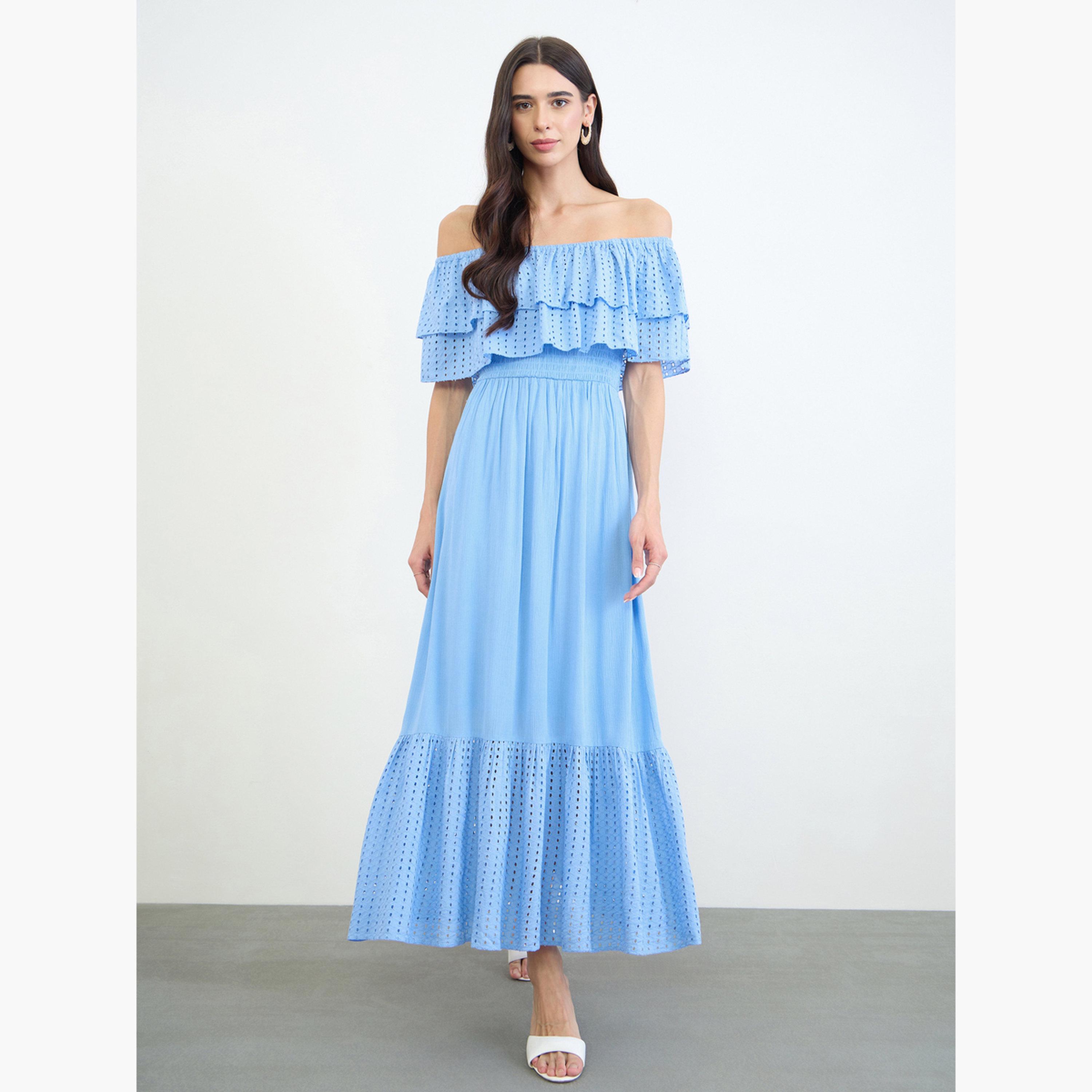 فستان طويل مكشوف الكتفين قطن بتفاصيل شيفلي-women-clothing-dresses-image-1