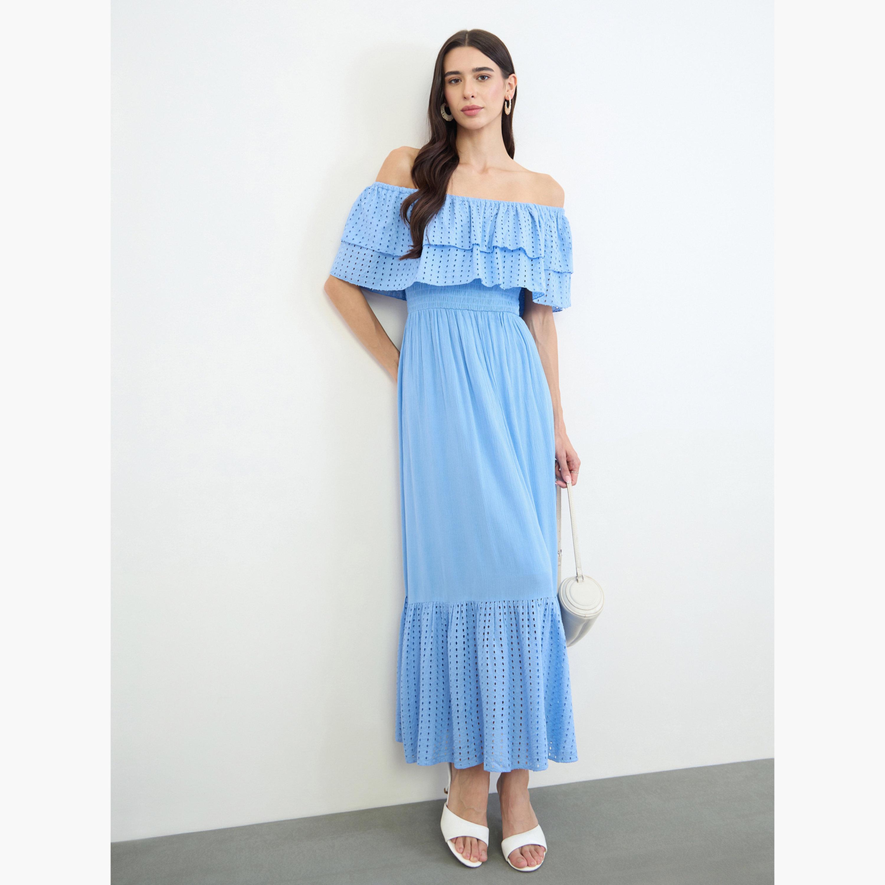 فستان طويل مكشوف الكتفين قطن بتفاصيل شيفلي-women-clothing-dresses-image-2