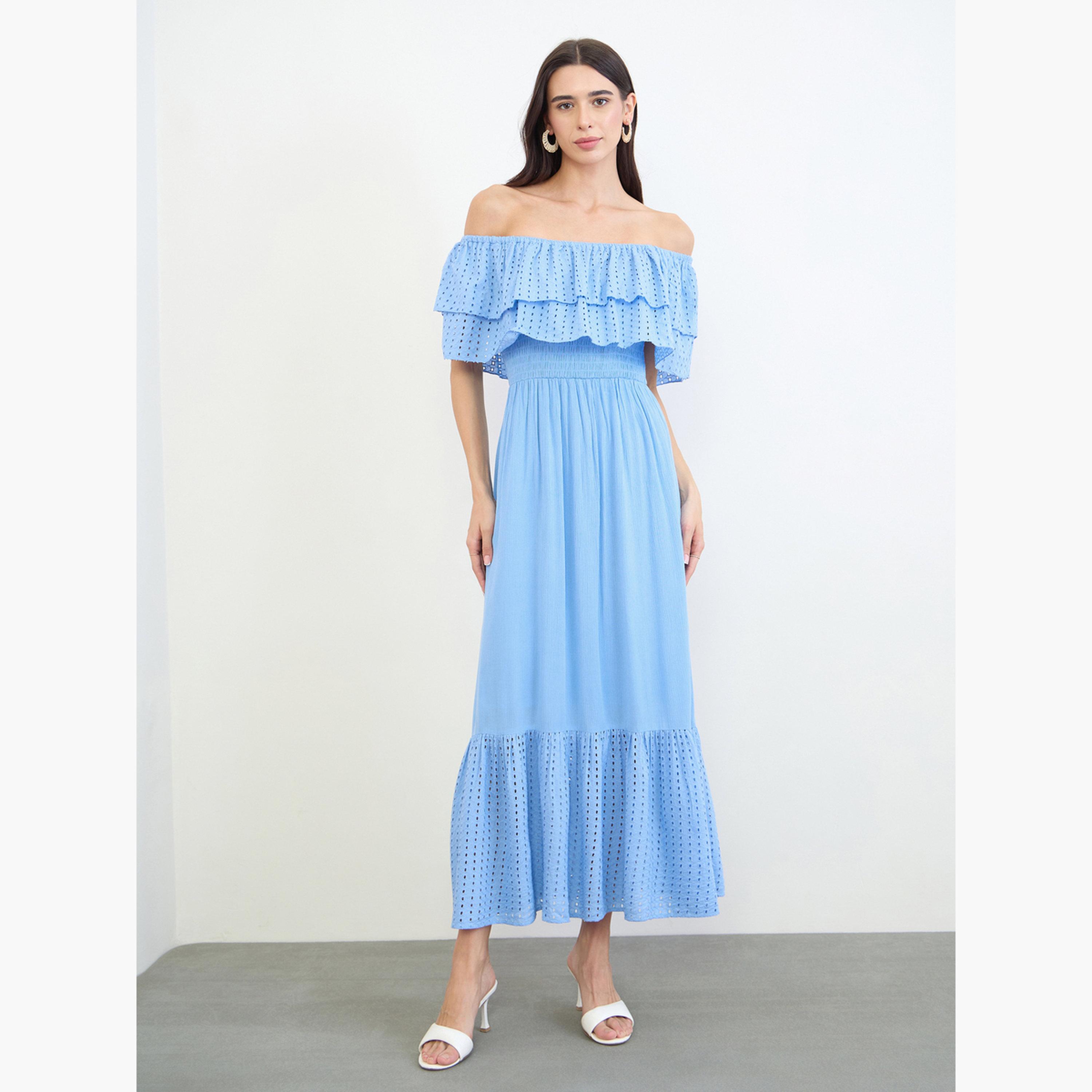 فستان طويل مكشوف الكتفين قطن بتفاصيل شيفلي-women-clothing-dresses-image-3