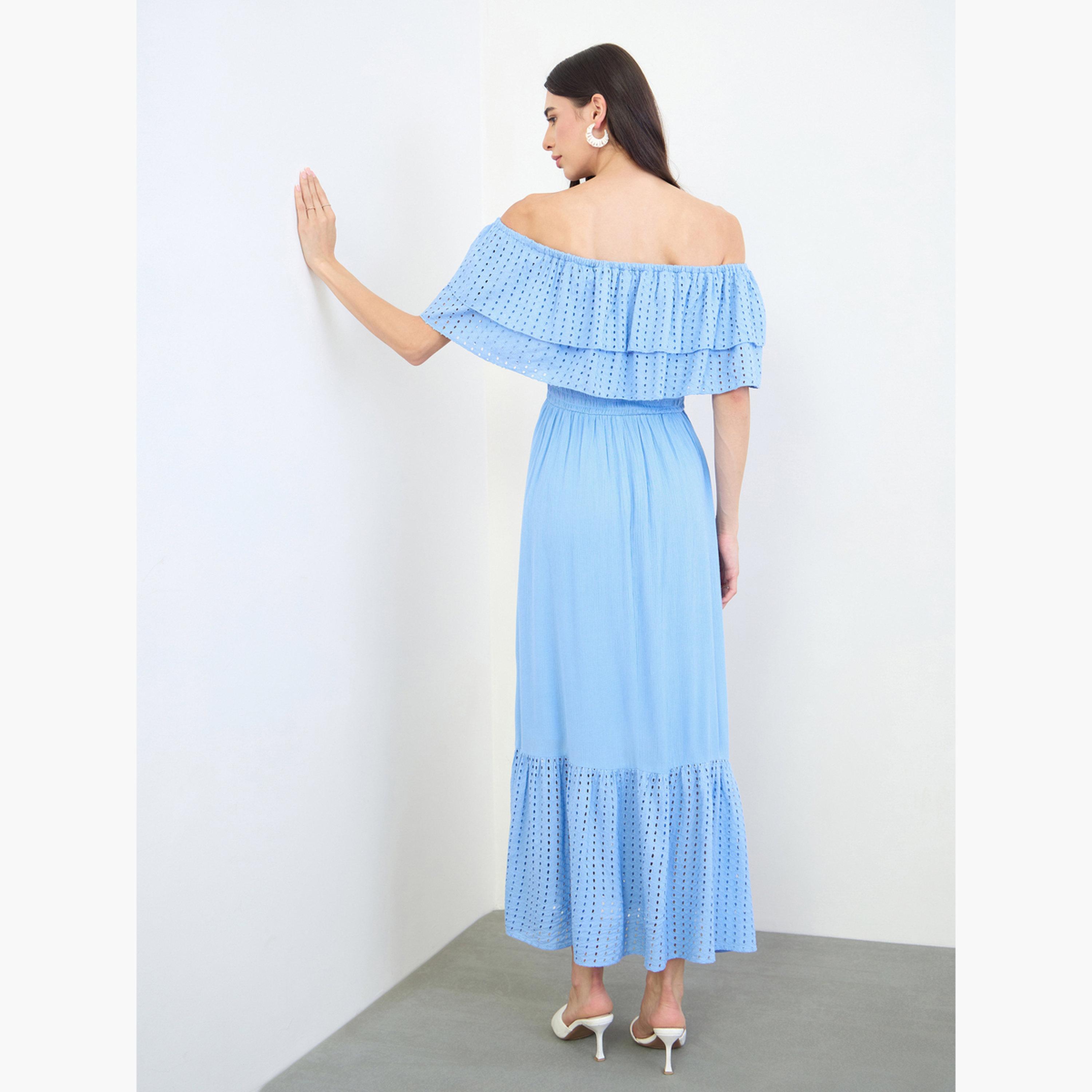 فستان طويل مكشوف الكتفين قطن بتفاصيل شيفلي-women-clothing-dresses-image-4