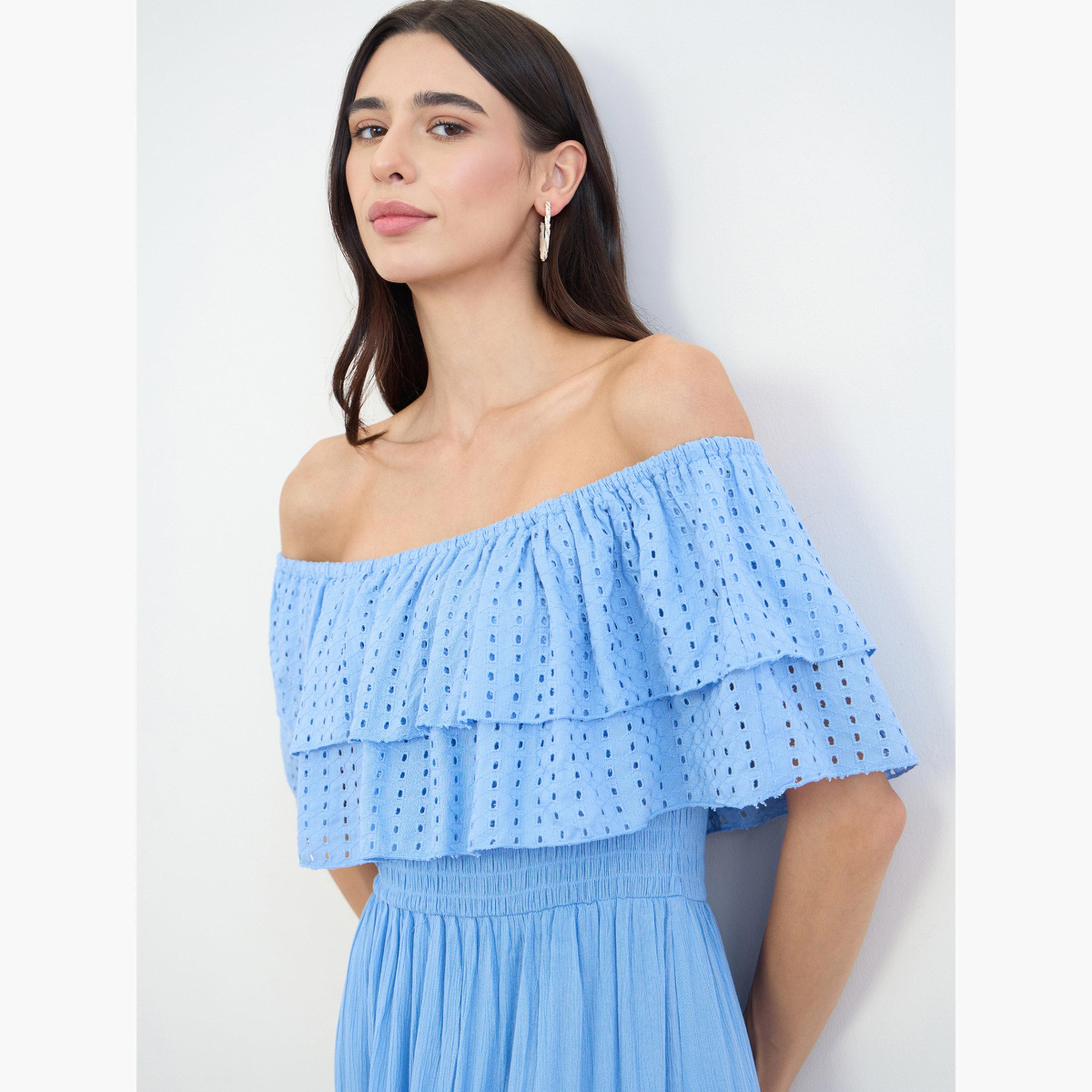 فستان طويل مكشوف الكتفين قطن بتفاصيل شيفلي-women-clothing-dresses-image-5