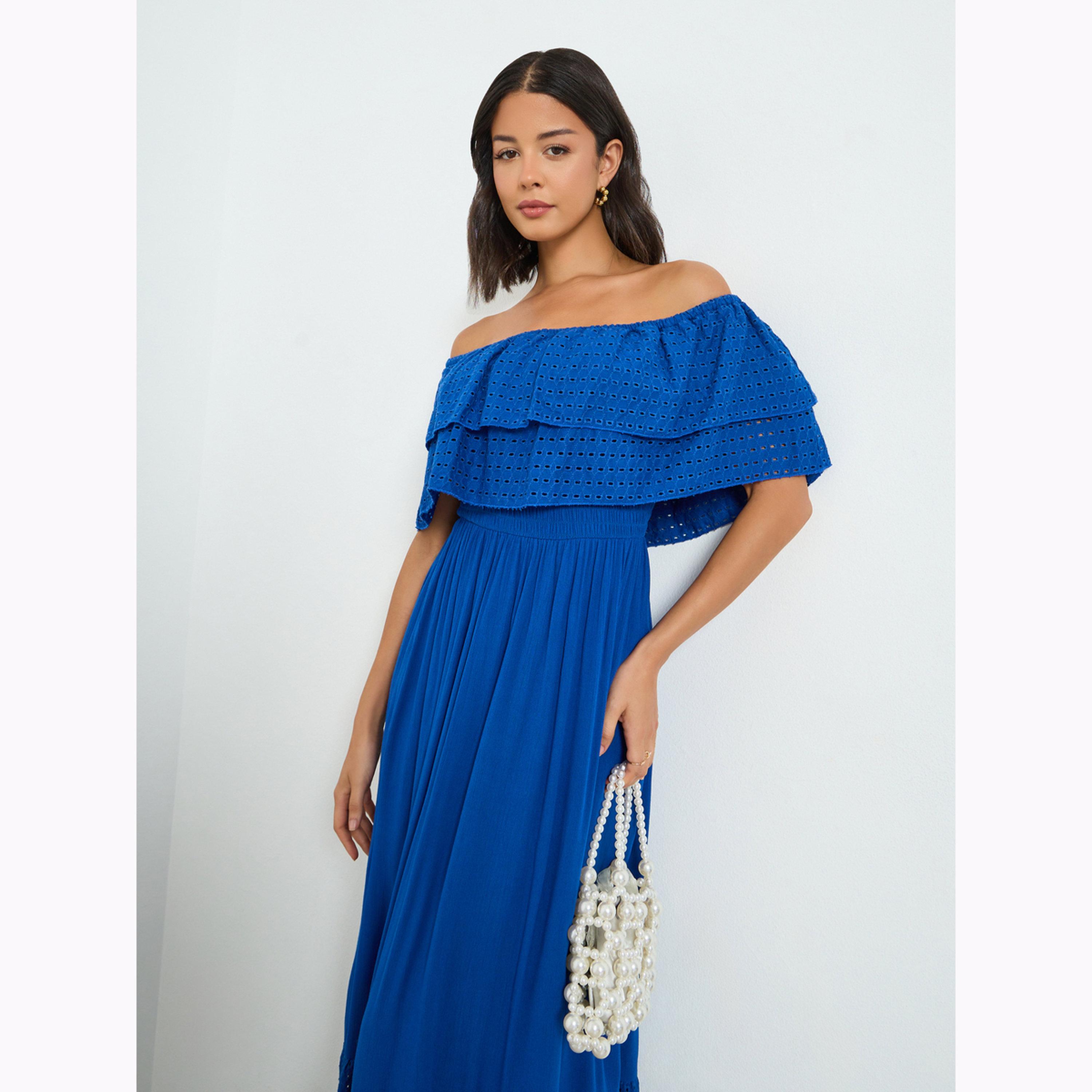 Styli Blue Cotton Schiffli Off-Shoulder Maxi Dress-women-clothing-dresses-image-2