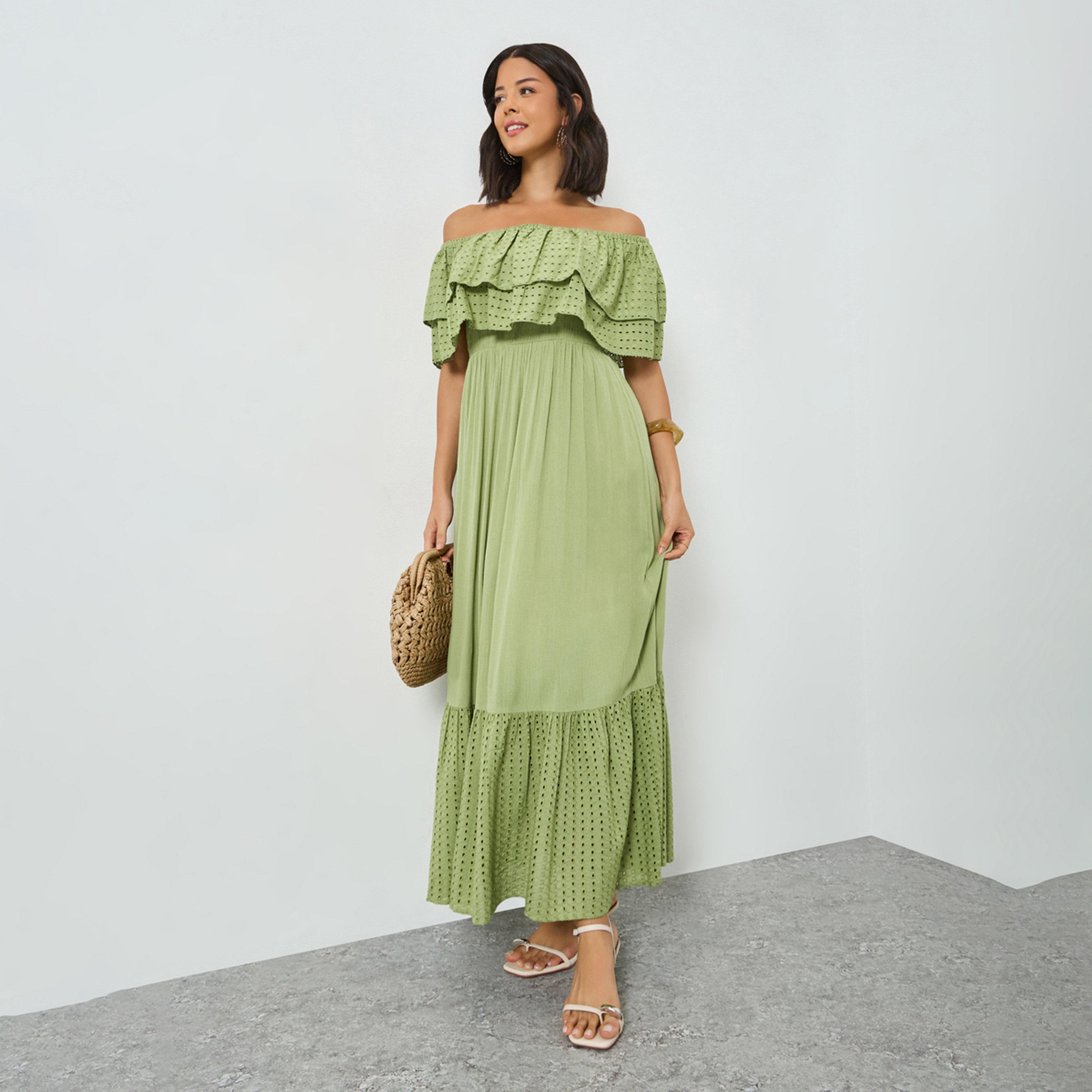 Styli Olive Cotton Schiffli Off-Shoulder Maxi Dress-women-clothing-dresses-image-1