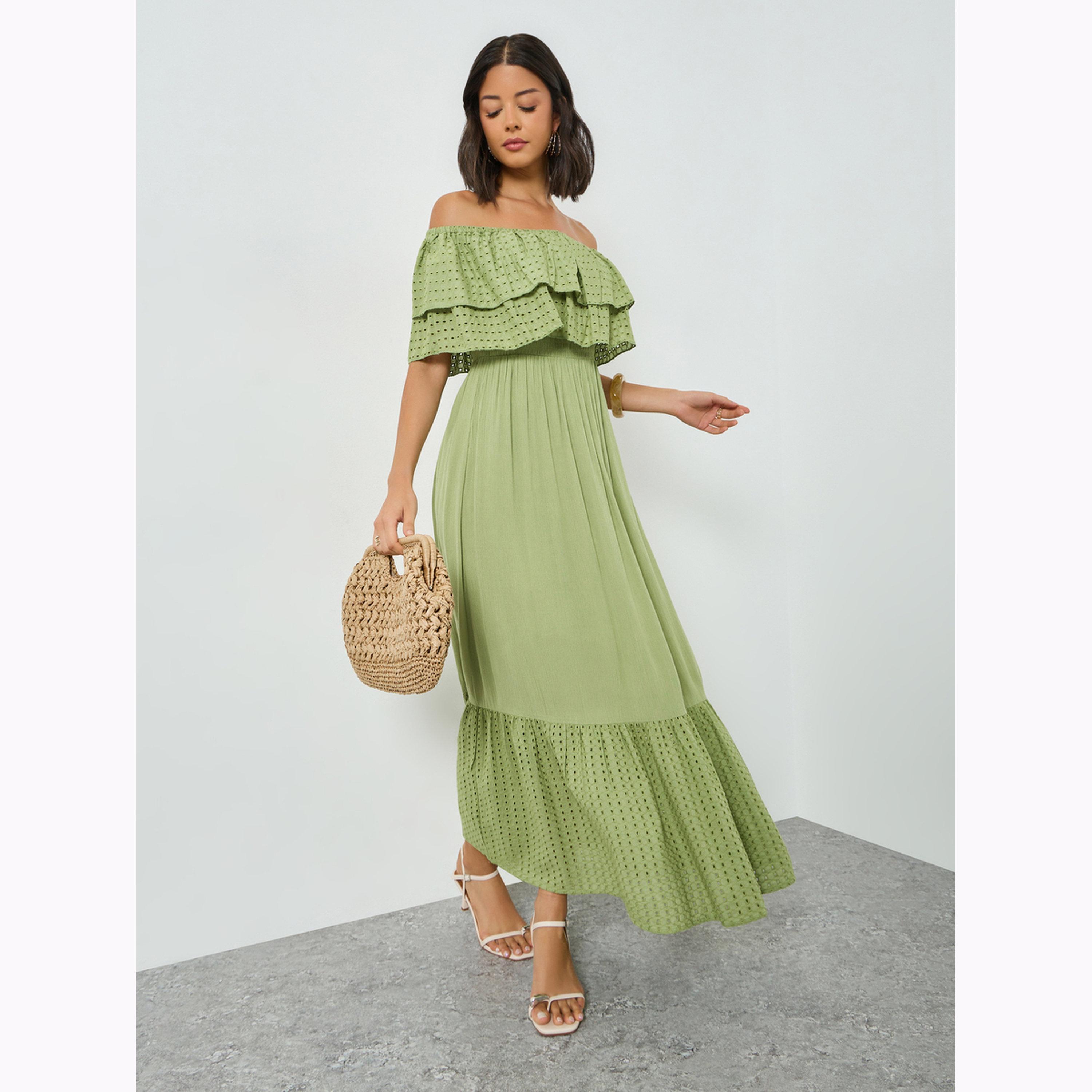 Styli Olive Cotton Schiffli Off-Shoulder Maxi Dress-women-clothing-dresses-image-2