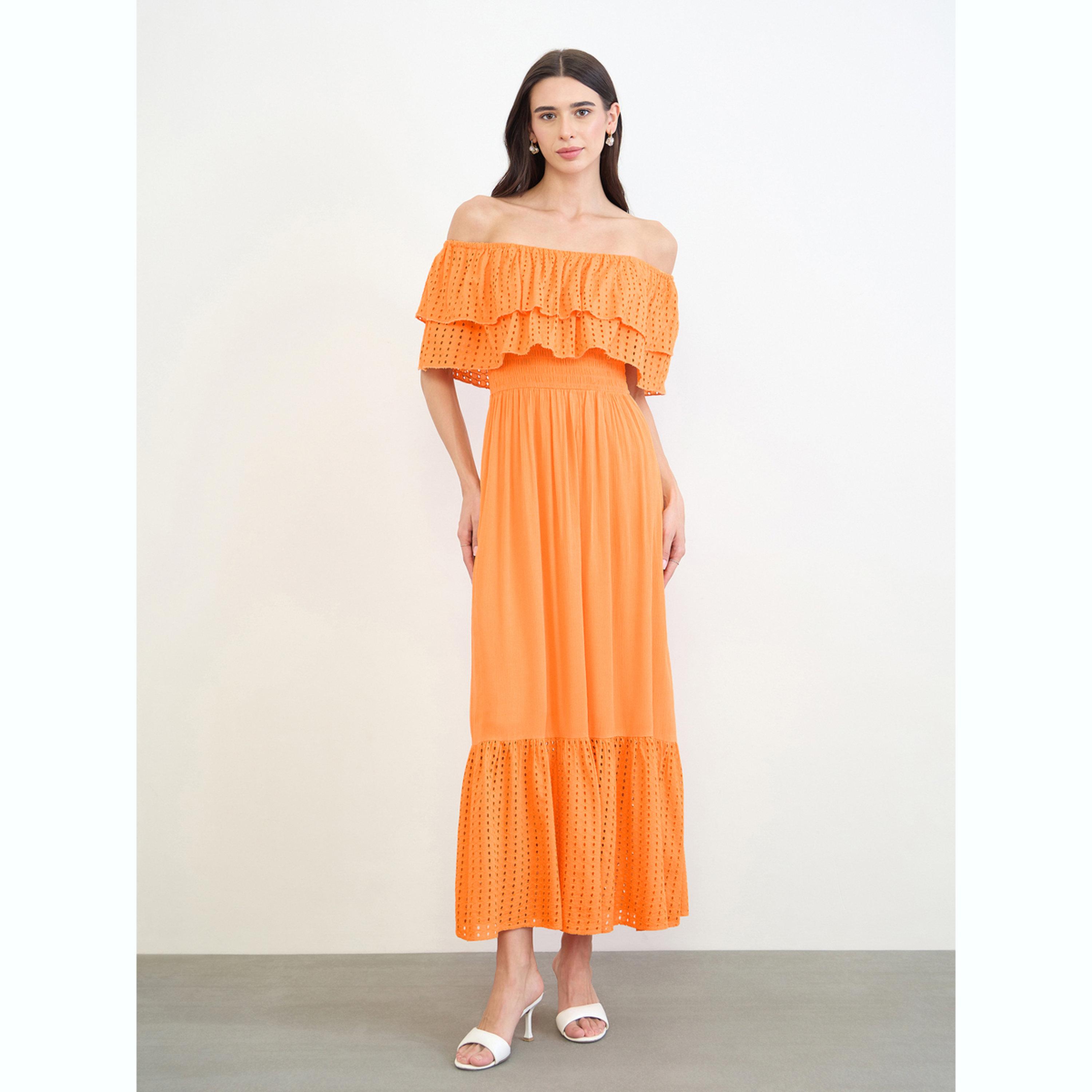 Styli Orange Cotton Schiffli Off-Shoulder Maxi Dress-women-clothing-dresses-image-1
