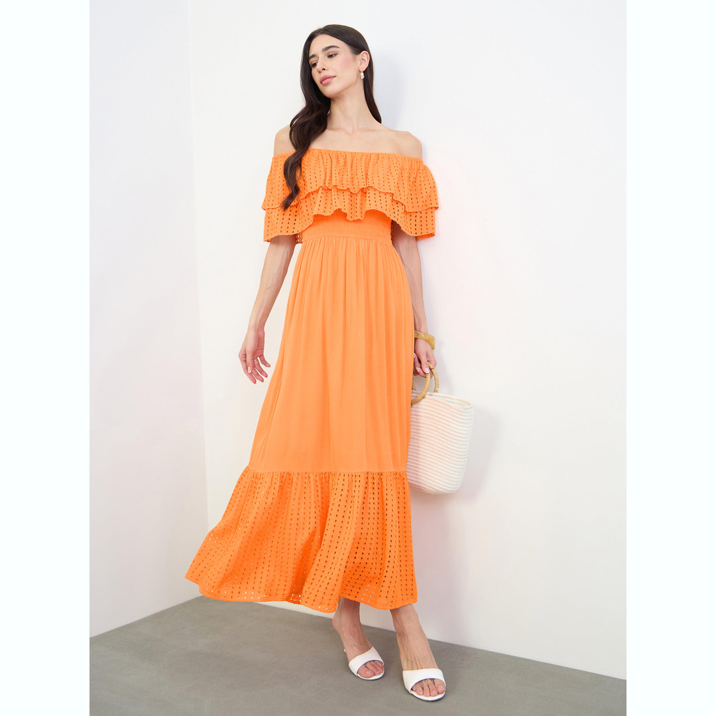 Styli Orange Cotton Schiffli Off-Shoulder Maxi Dress-women-clothing-dresses-image-2