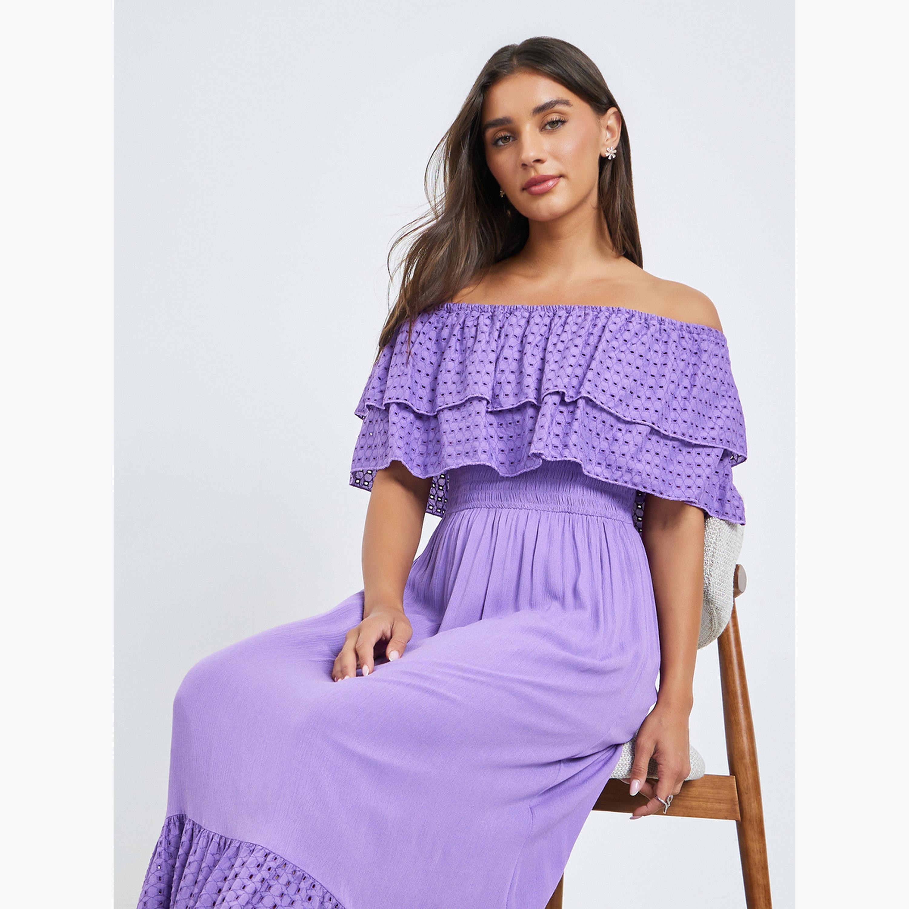 Styli Purple Cotton Schiffli Off-Shoulder Maxi Dress-women-clothing-dresses-image-2