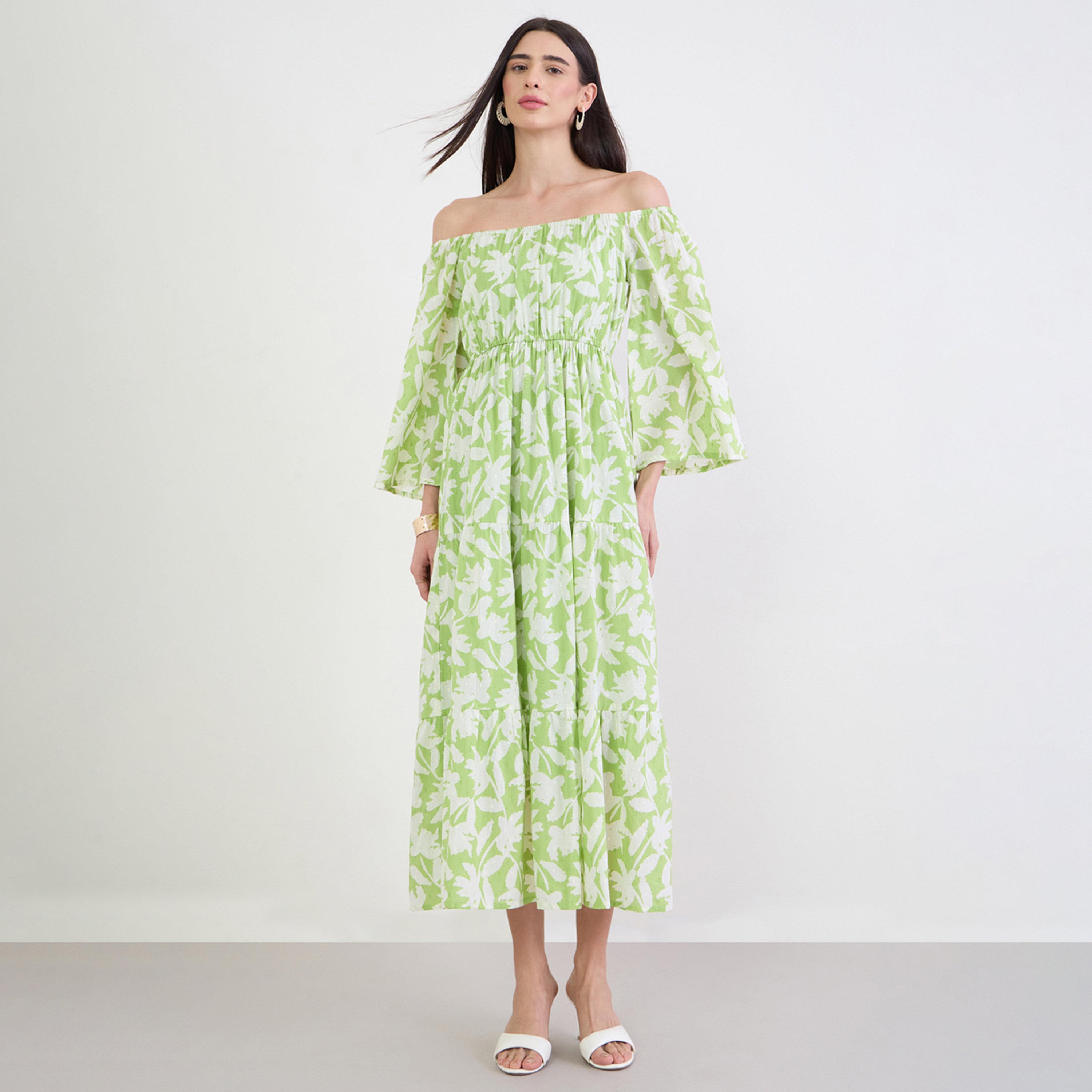 Styli Green Off Shoulder Cotton Tiered Maxi Dress-women-clothing-dresses-image-1