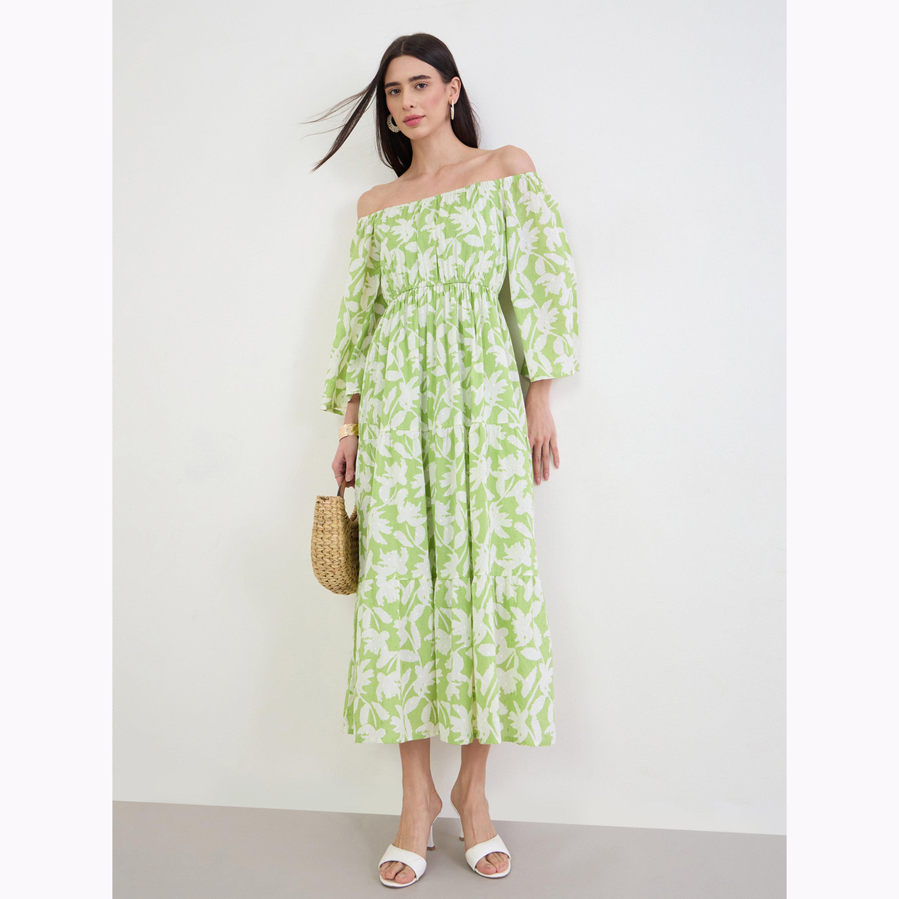 Styli Green Off Shoulder Cotton Tiered Maxi Dress-women-clothing-dresses-image-2