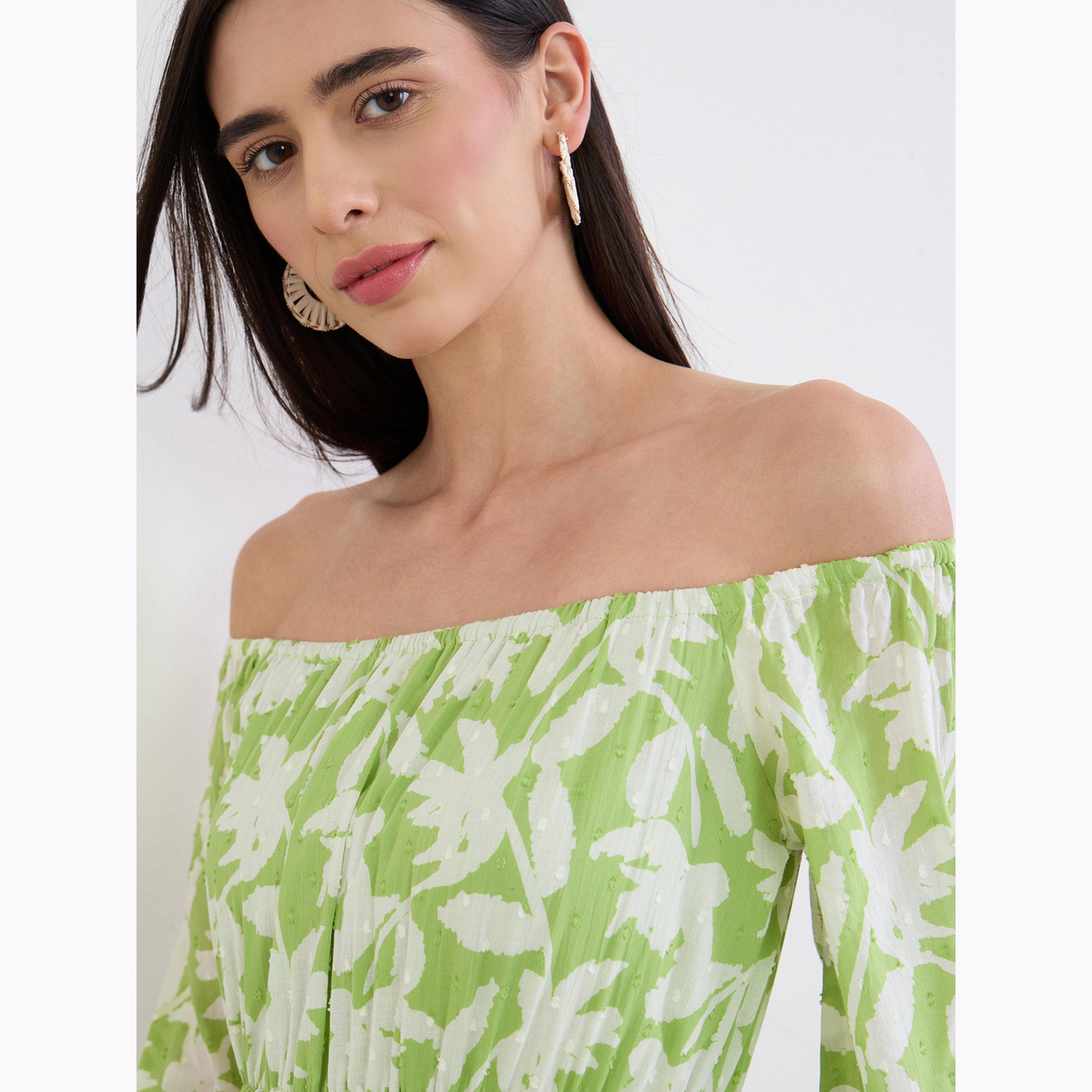 Styli Green Off Shoulder Cotton Tiered Maxi Dress-women-clothing-dresses-image-4