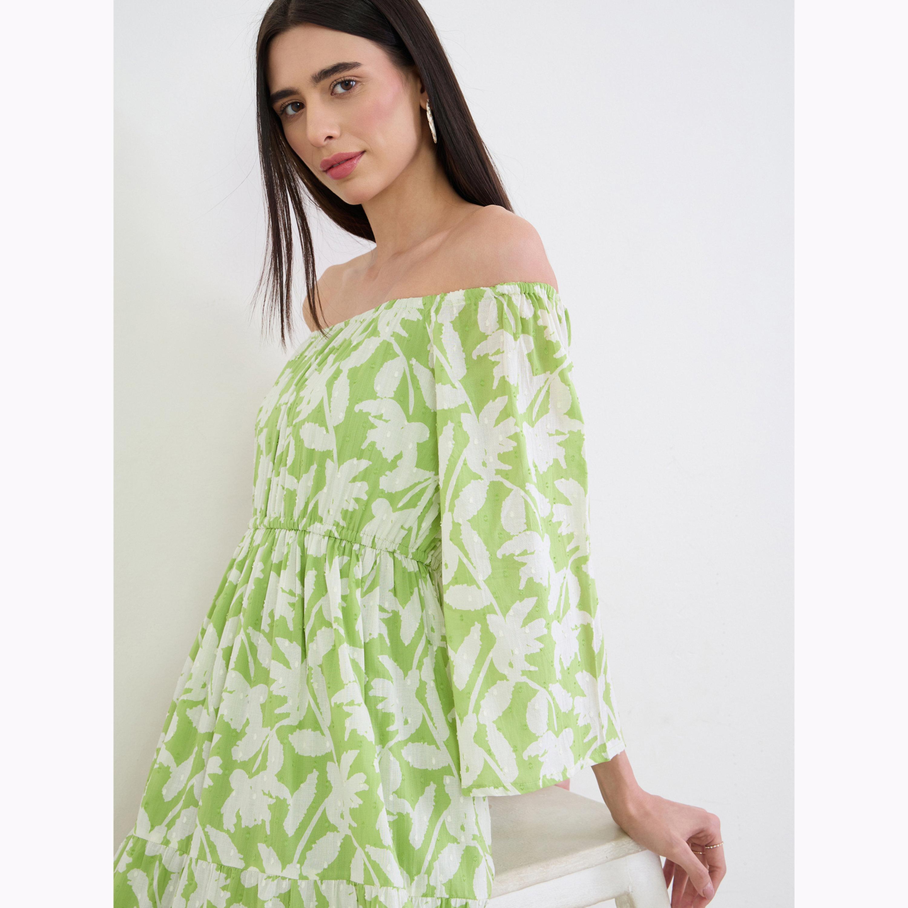 Styli Green Off Shoulder Cotton Tiered Maxi Dress-women-clothing-dresses-image-5