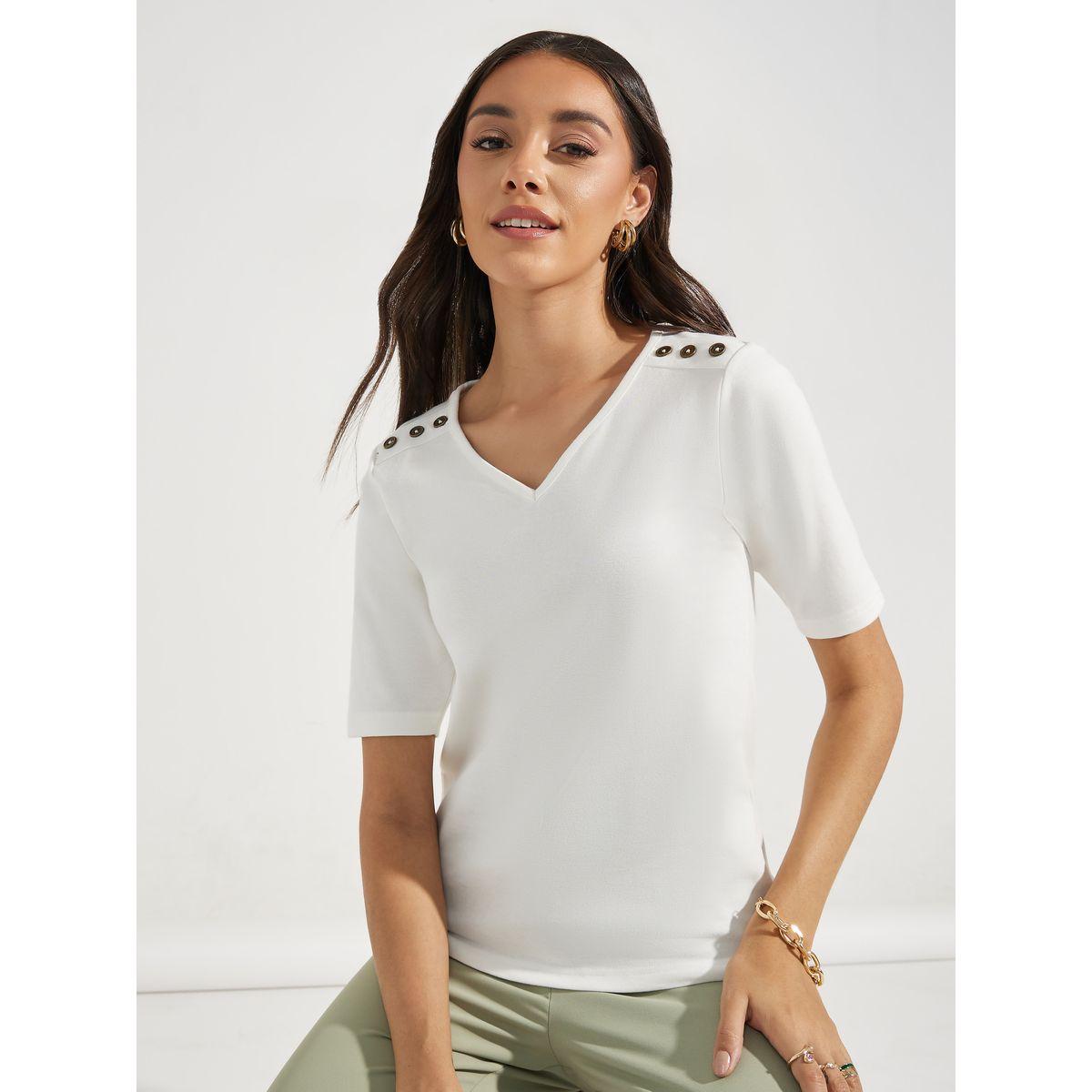 Styli V Neck Button Detail Knit Top-women-clothing-shirtsandblouses-blouses-image-1
