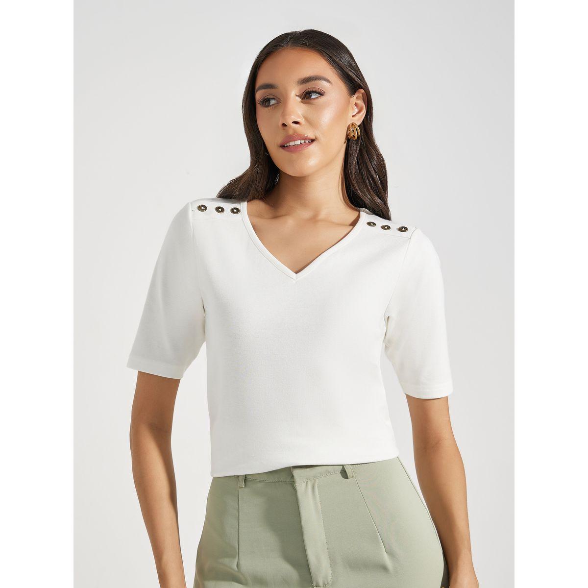 Styli V Neck Button Detail Knit Top-women-clothing-shirtsandblouses-blouses-image-2