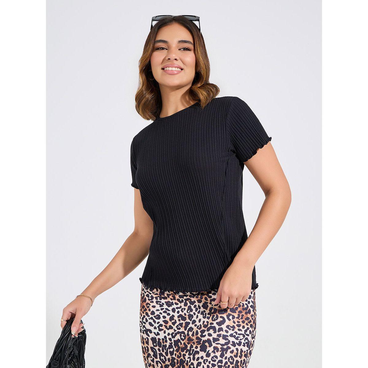 Styli Elevate Solid Ribbed Round Neck Short Sleeve T-Shirt-women-clothing-tshirts-image-1