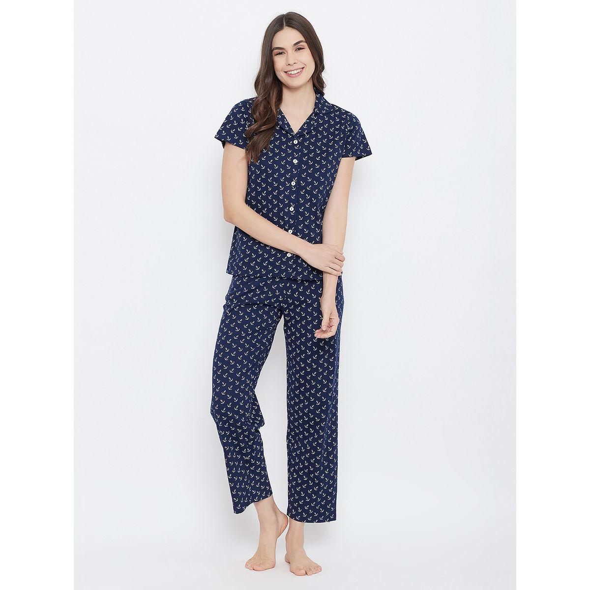 Clovia X Styli  All Over Anchor Print Short Sleeve Shirt & Pyjama Set-women-clothing-nightwear-pyjamas-longsets-image-1