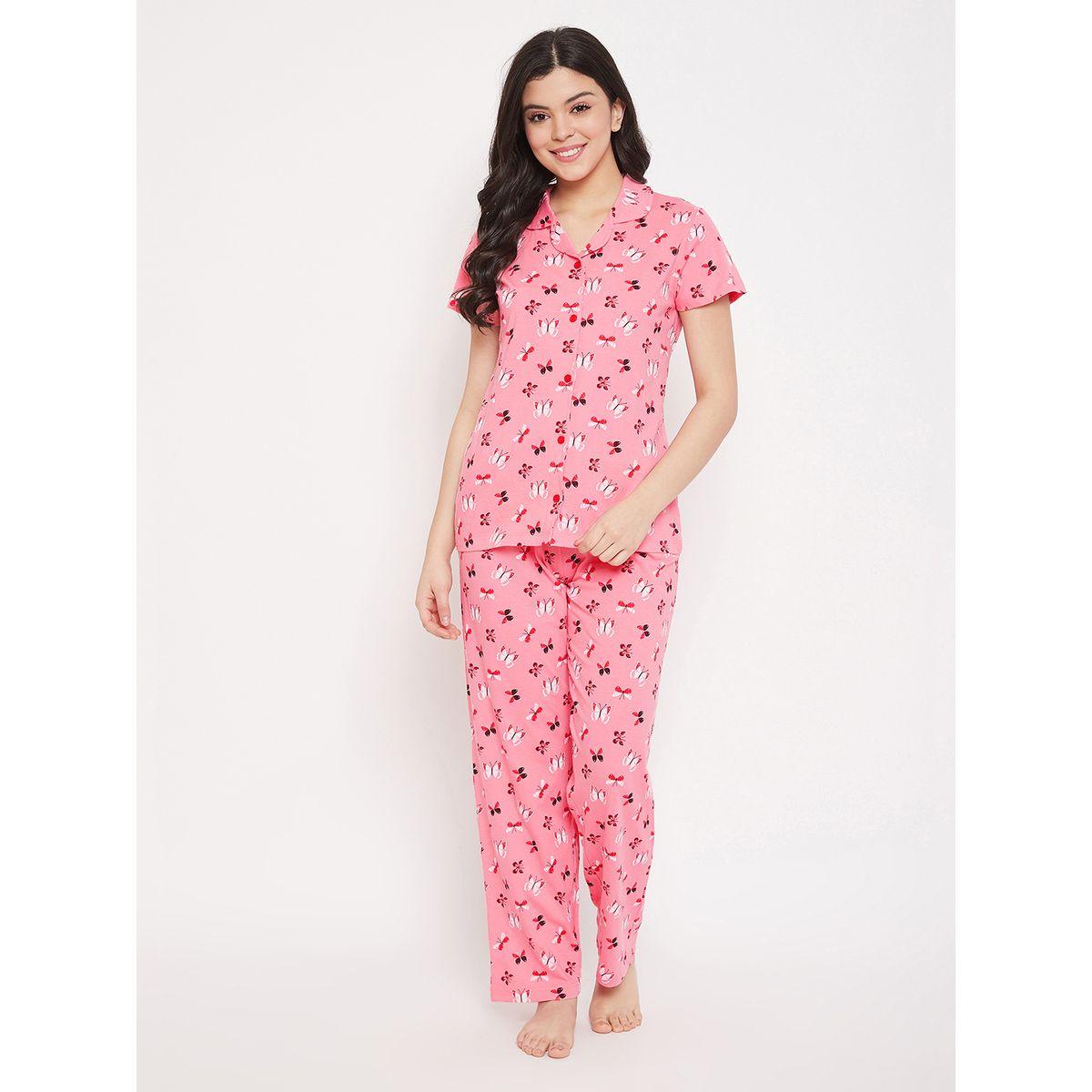 Clovia X Styli  All Over Butterfly Print Short Sleeve Shirt & Drawstring Waistband Pyjama Set-women-clothing-nightwear-pyjamas-longsets-image-1
