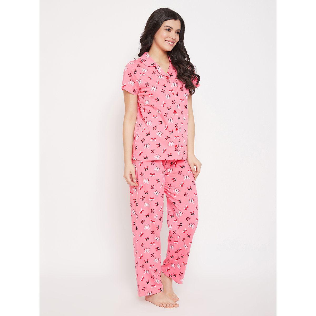 Clovia X Styli  All Over Butterfly Print Short Sleeve Shirt & Drawstring Waistband Pyjama Set-women-clothing-nightwear-pyjamas-longsets-image-3