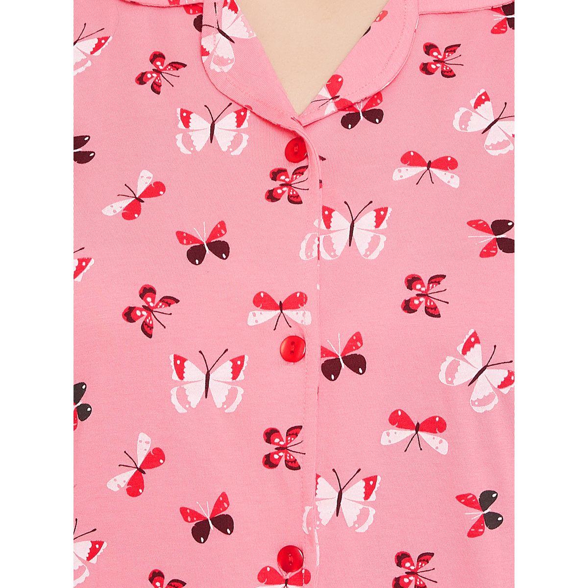 Clovia X Styli  All Over Butterfly Print Short Sleeve Shirt & Drawstring Waistband Pyjama Set-women-clothing-nightwear-pyjamas-longsets-image-5