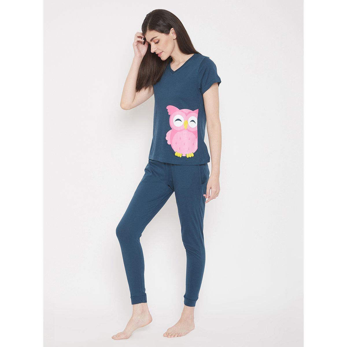 Clovia X Styli  Owl Print Top with Short Sleeves & Pyjama Set-women-clothing-nightwear-pyjamas-longsets-image-3
