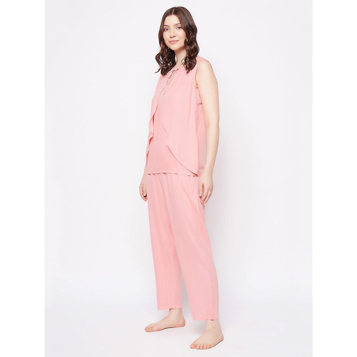 طقم من بنطال بيجاما وبلوزة سادة مع ياقة بأربطة كلوفيا × ستايلي-women-clothing-nightwear-pyjamas-longsets-image-3